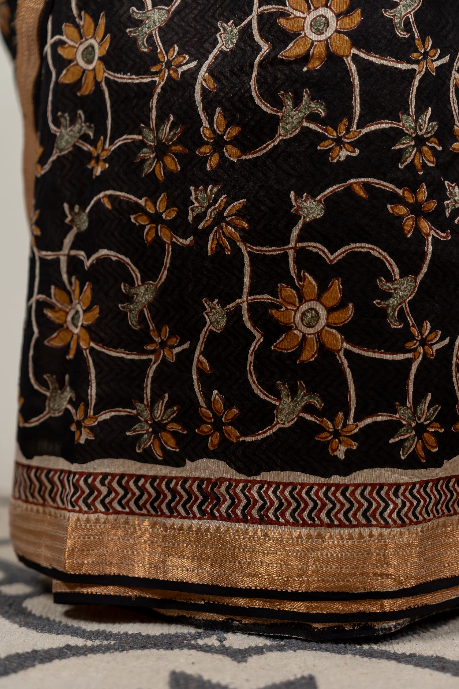 Earth Black Chanderi Dabu Block Printed Saree – Sama
