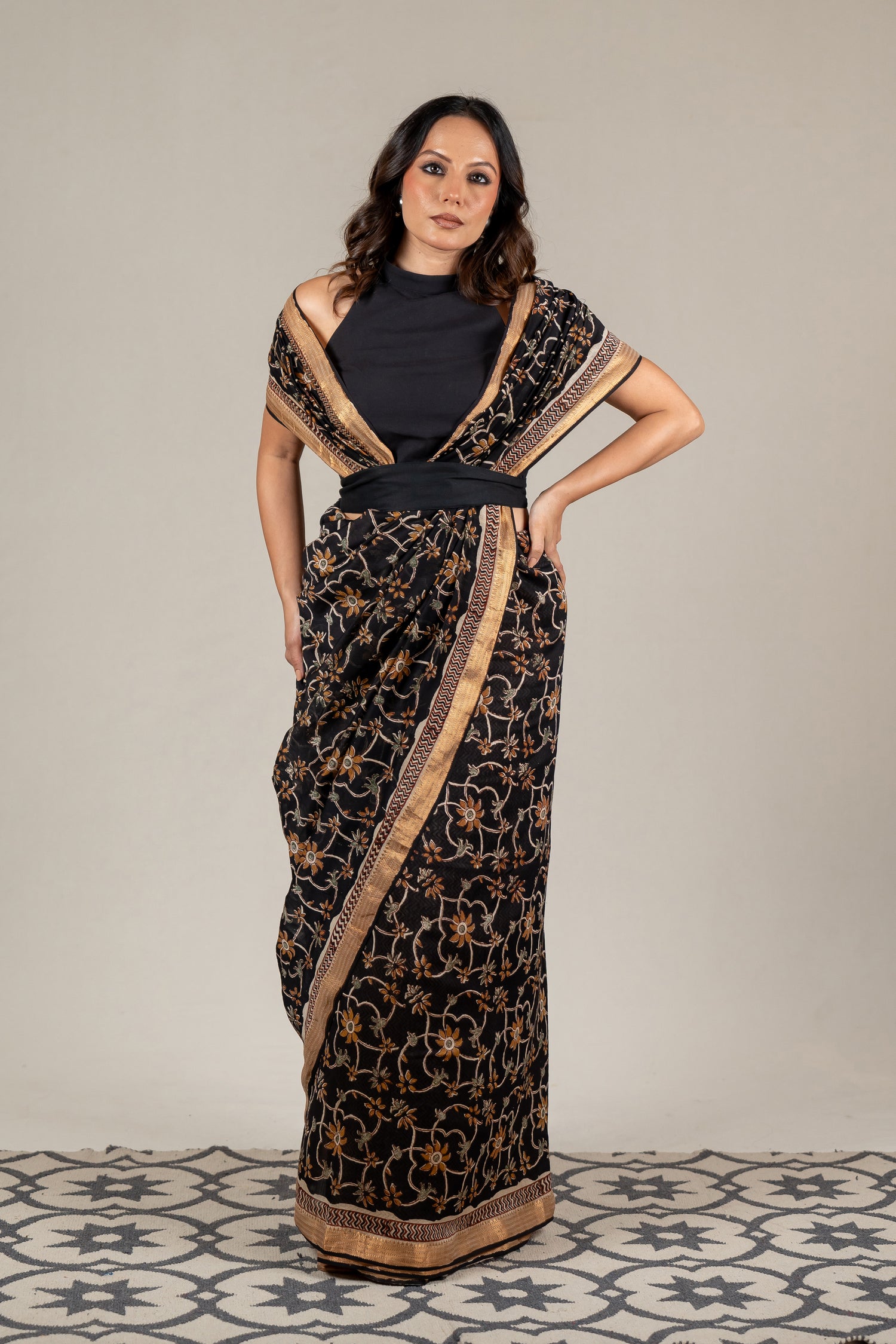 Earth Black Chanderi Dabu Block Printed Saree – Sama