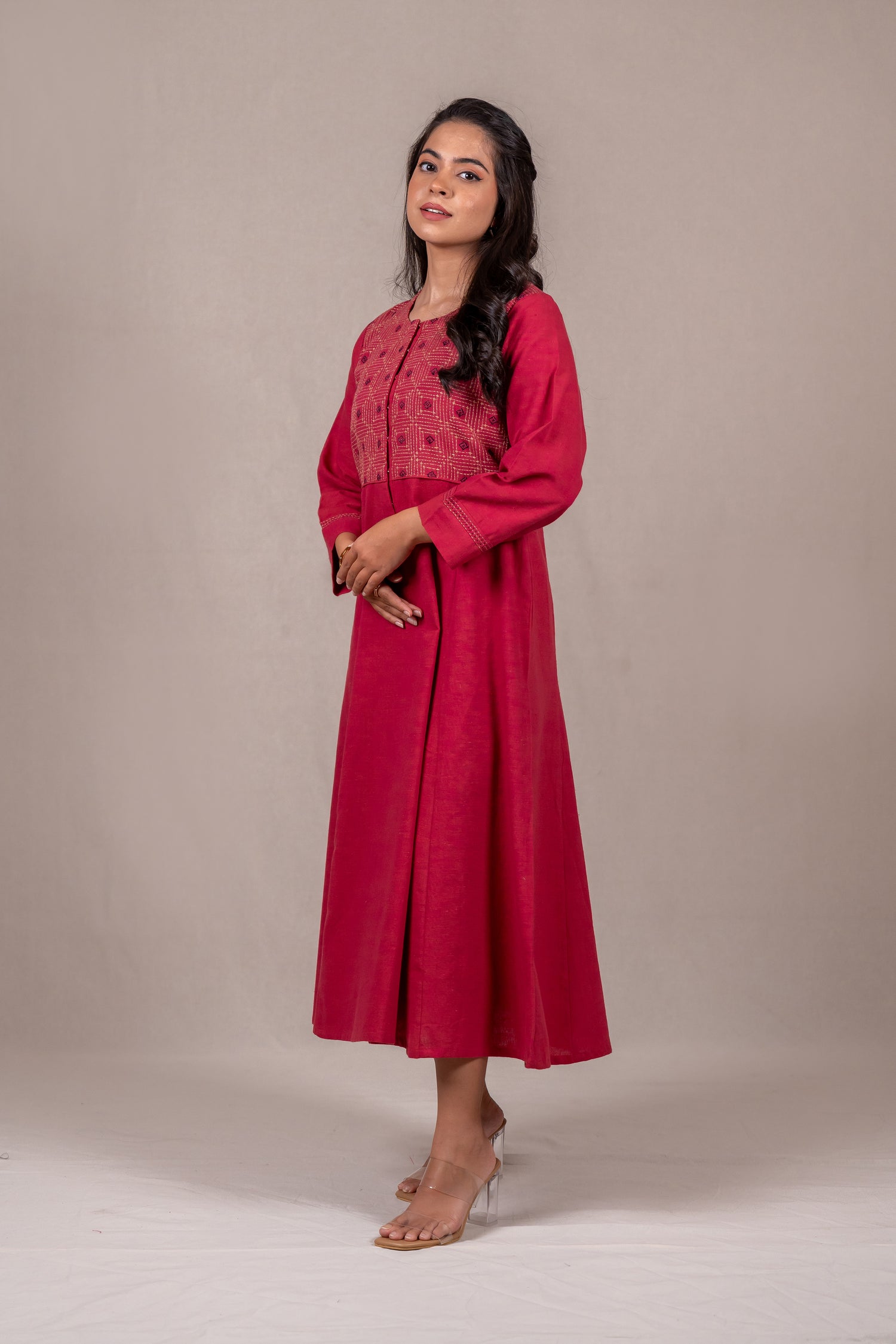Handcrafted Kasuti Embroidered Dress in Maroon Rani – Sutra