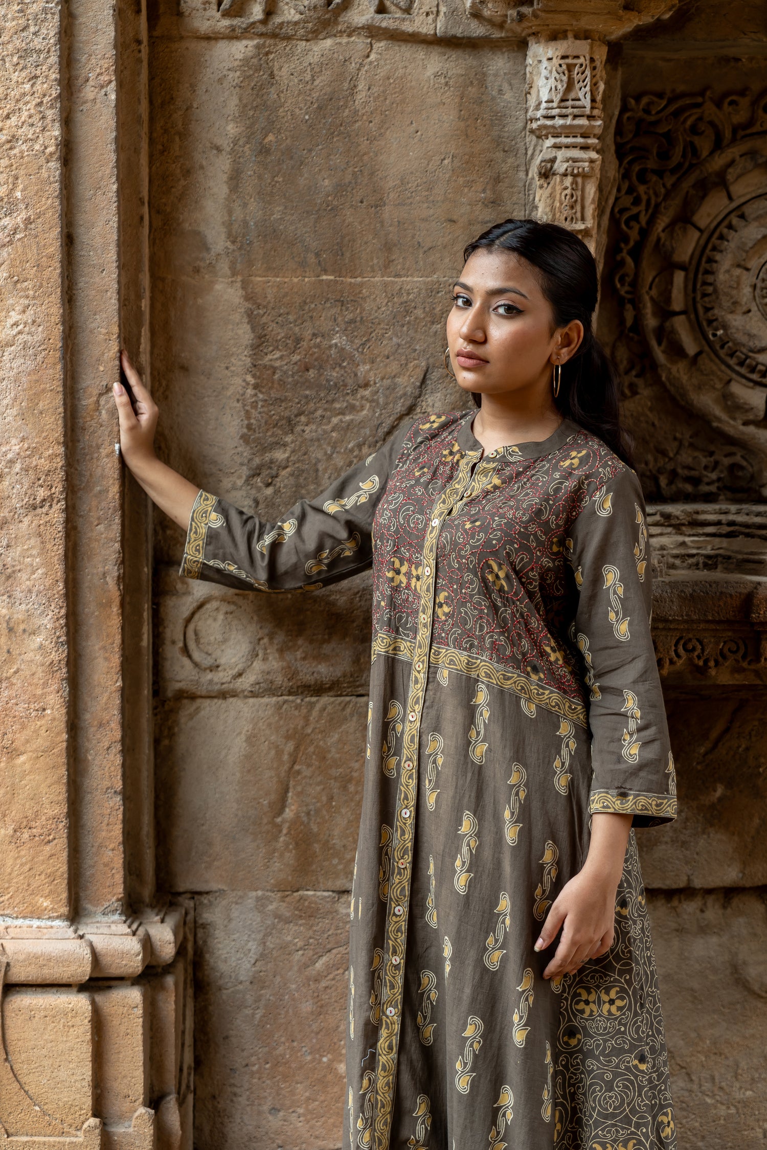 Ray Ethnic Mull Cotton Block Print Kurta in Brown in Ekatra