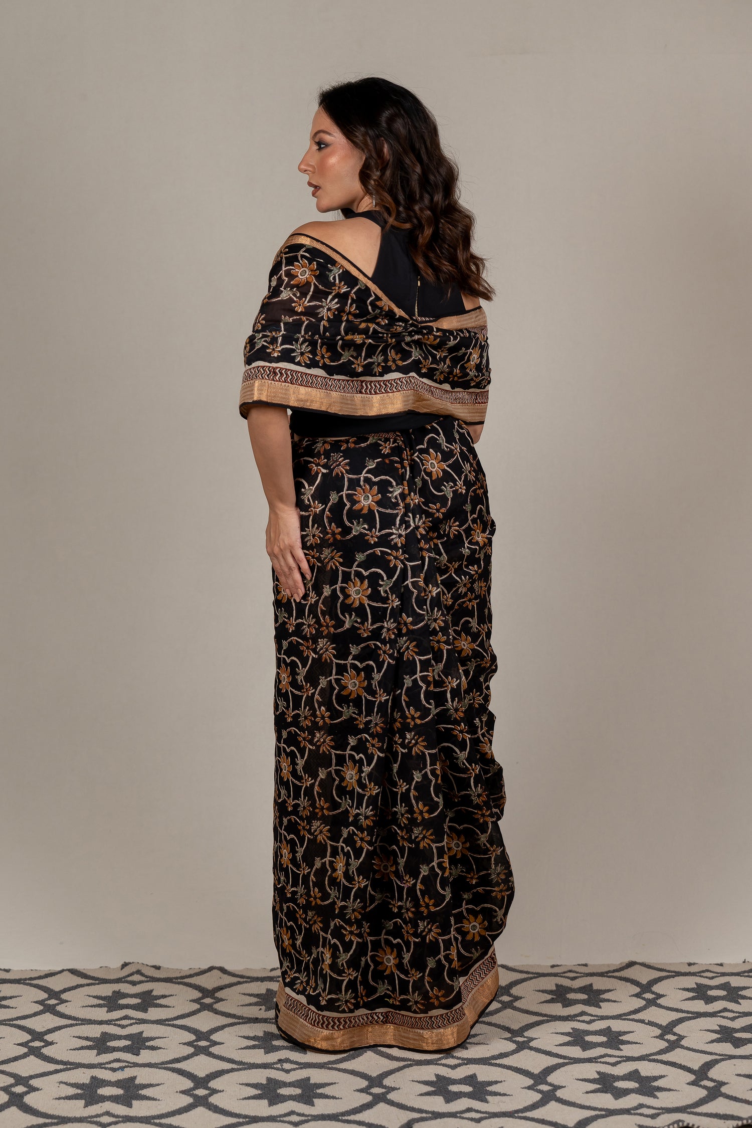 Earth Black Chanderi Dabu Block Printed Saree – Sama