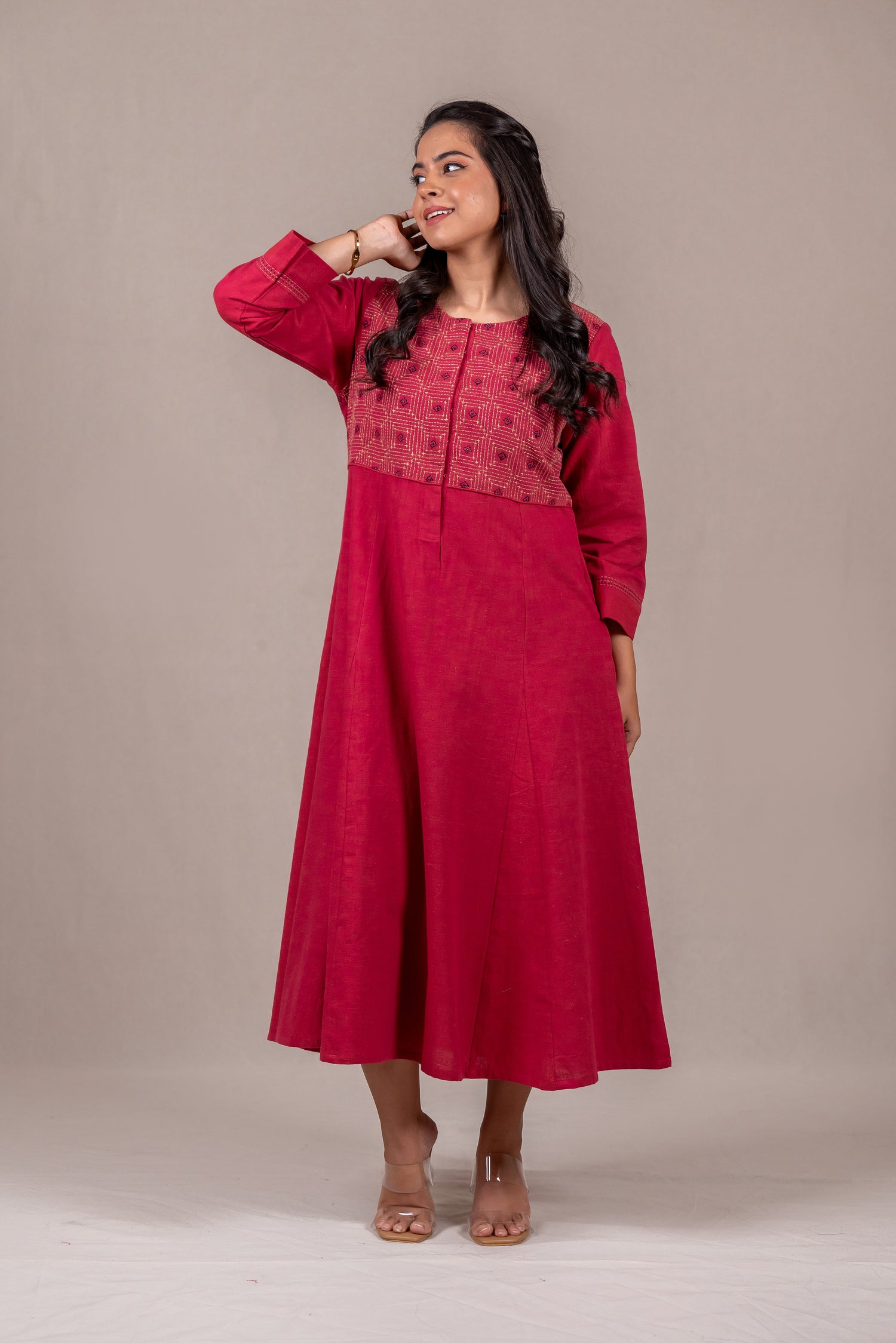 Handcrafted Kasuti Embroidered Dress in Maroon Rani – Sutra