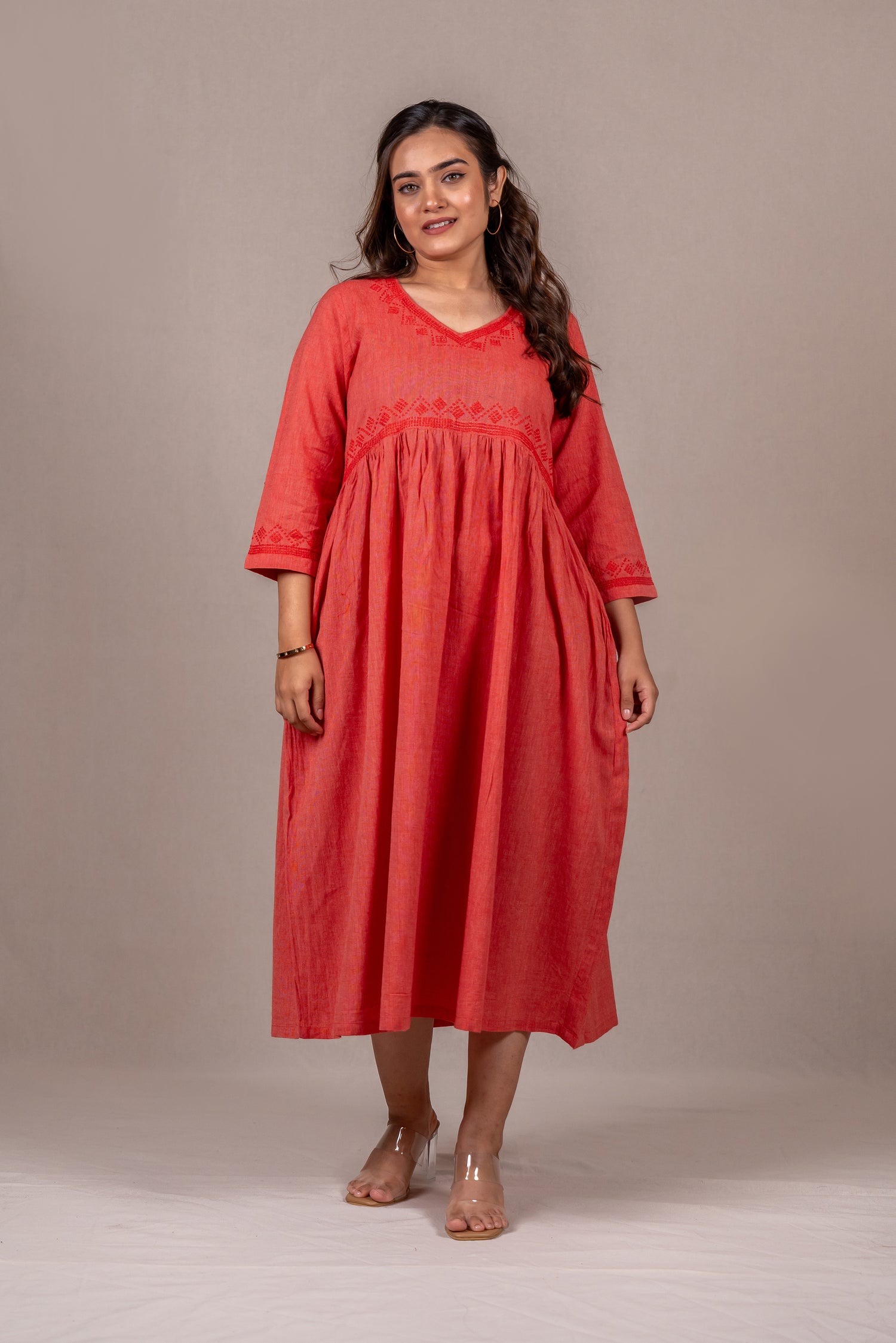 Cotton Long Dress in Pastel Carrot Red – Sutra