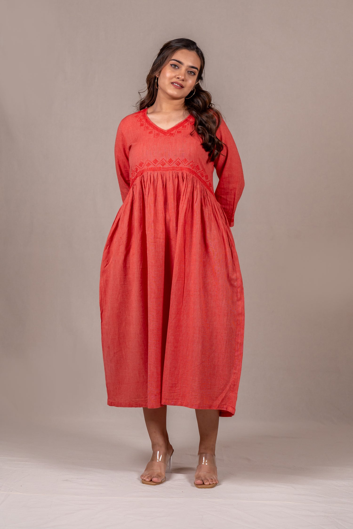 Cotton Long Dress in Pastel Carrot Red – Sutra