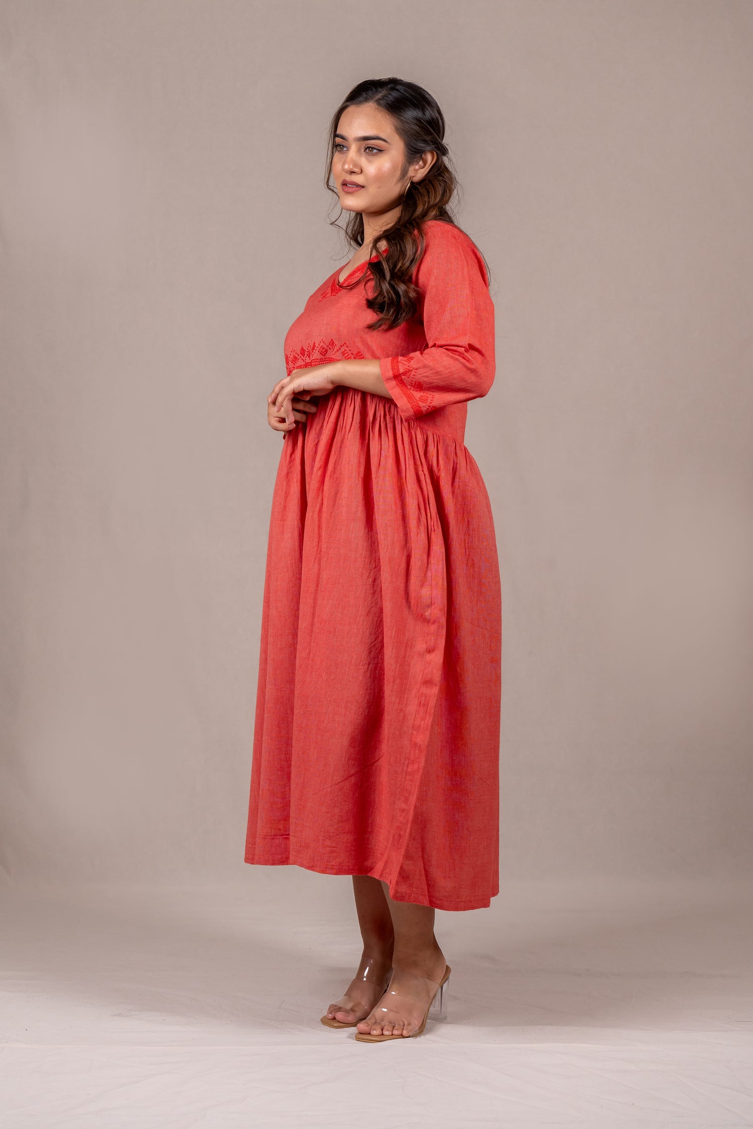 Cotton Long Dress in Pastel Carrot Red – Sutra