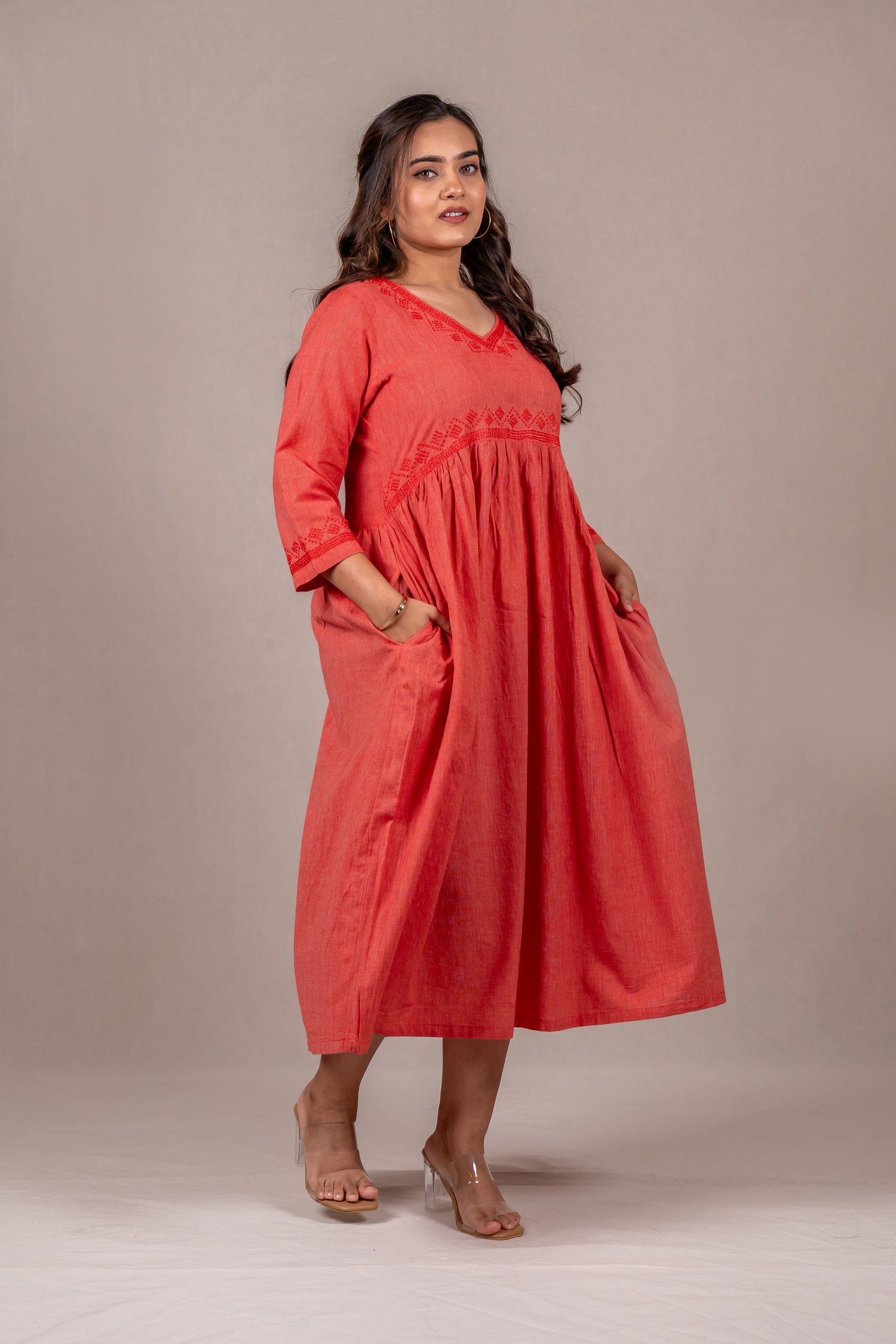 Cotton Long Dress in Pastel Carrot Red – Sutra