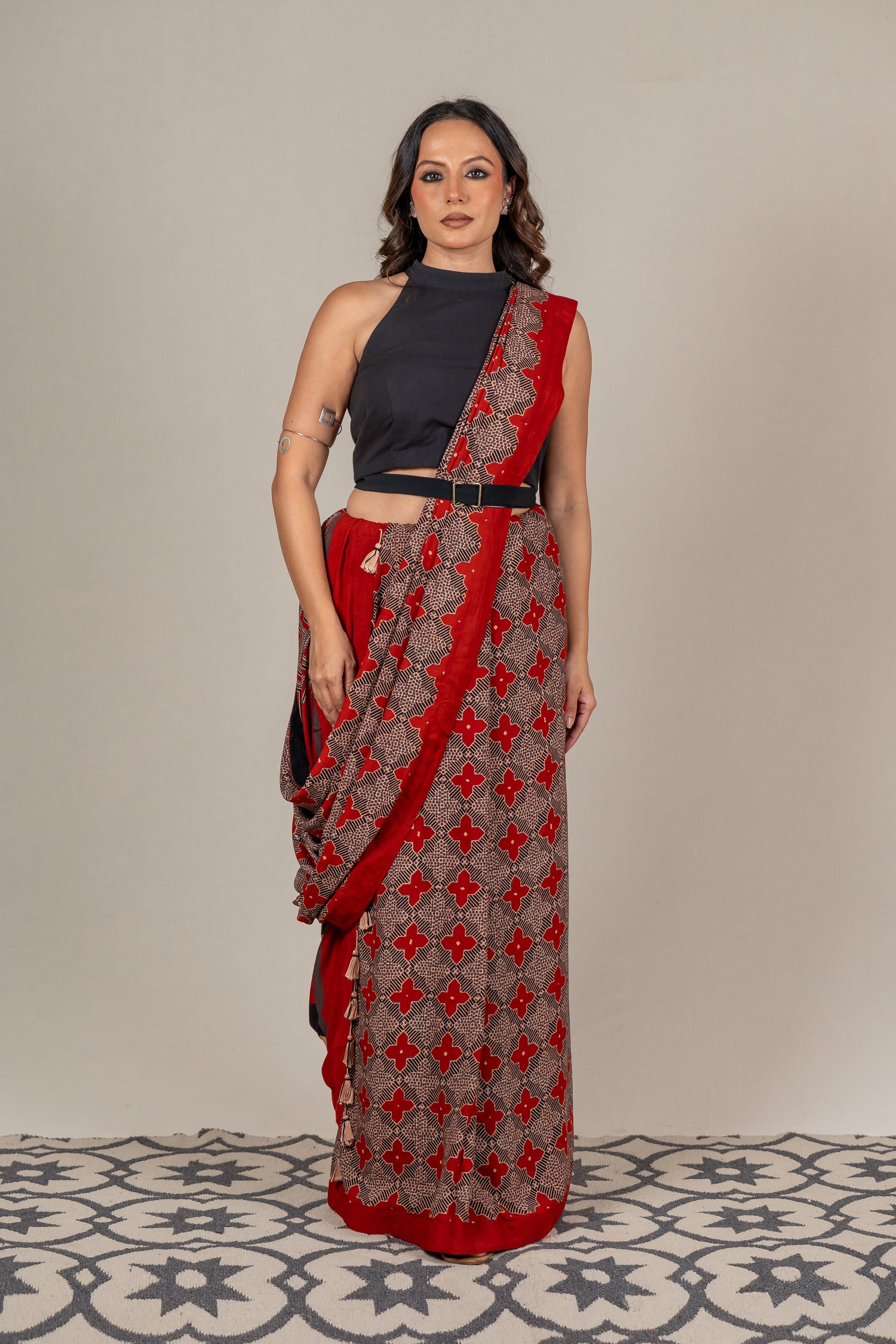 Cotton Silk Ajrakh Hand Block Printed Saree in Red – Sama