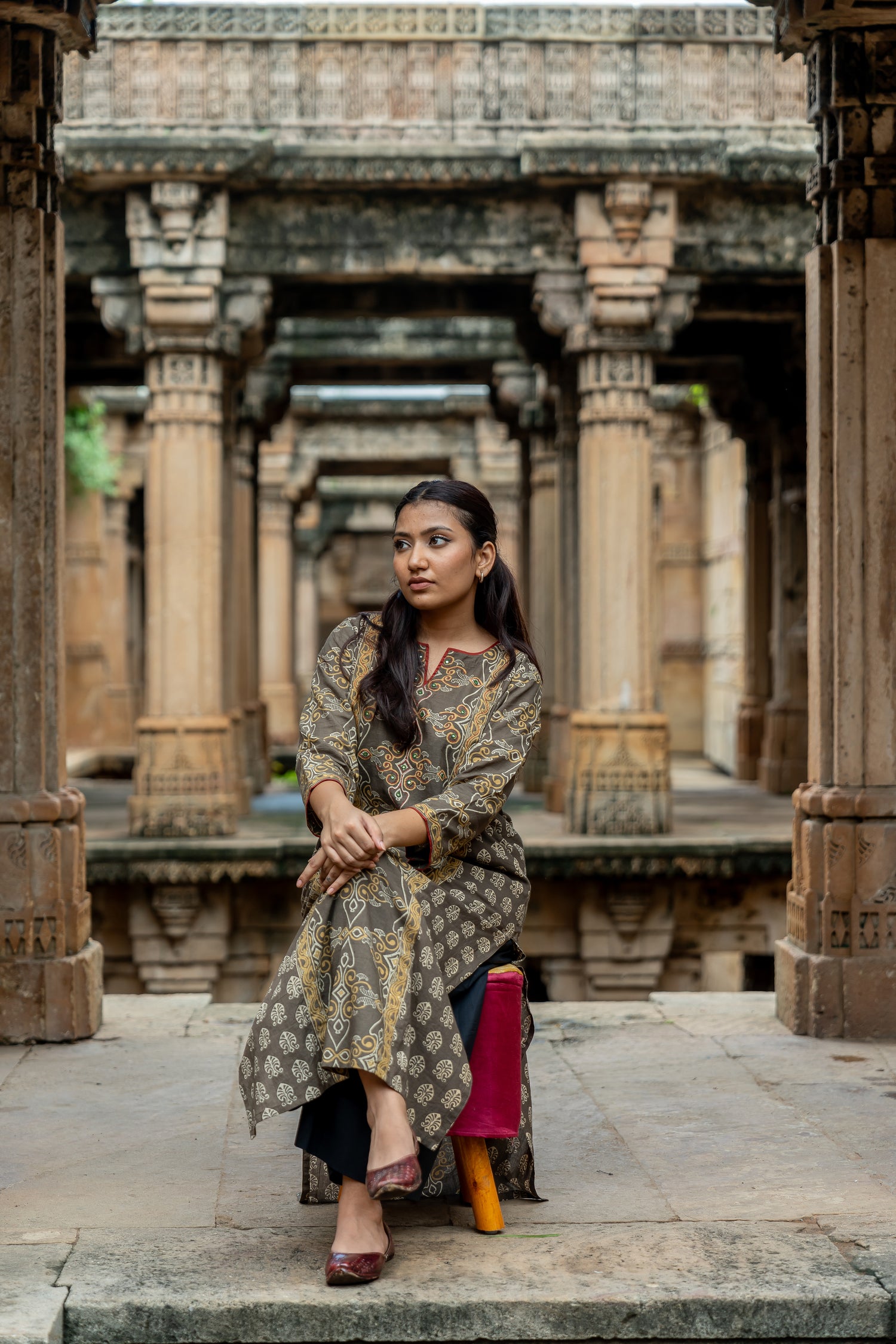 Ray Ethnic Mull Cotton Block Print Kurta in Brown from Ekatra