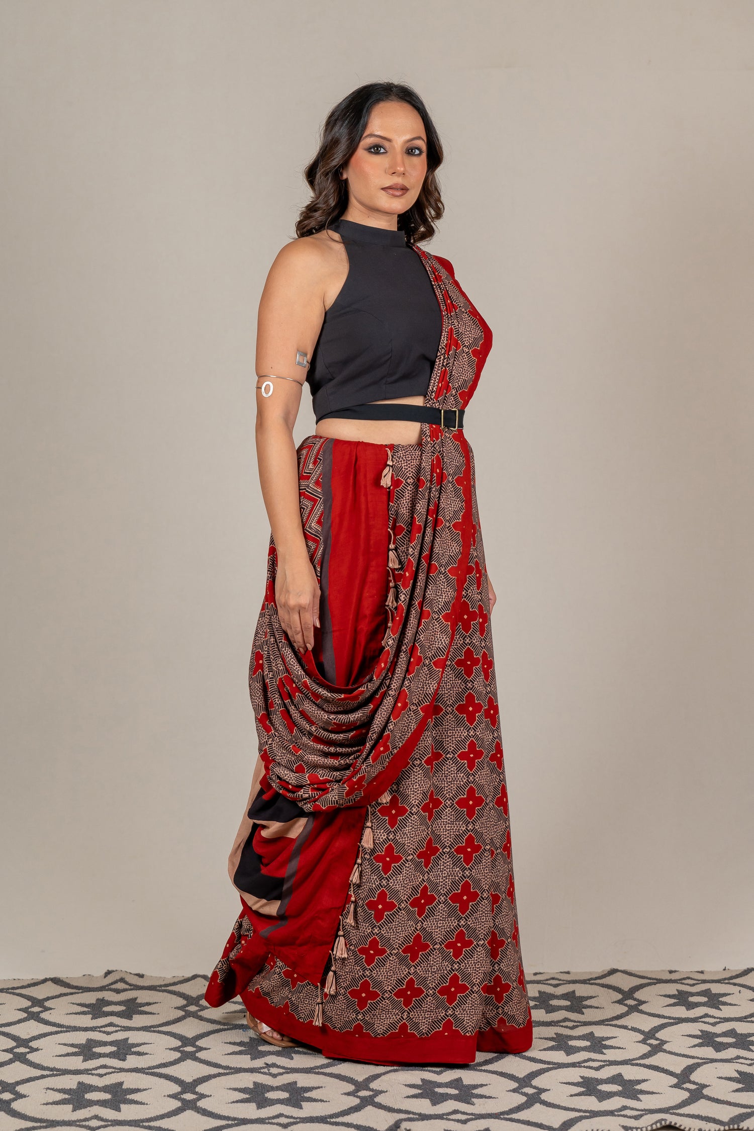Cotton Silk Ajrakh Hand Block Printed Saree in Red – Sama