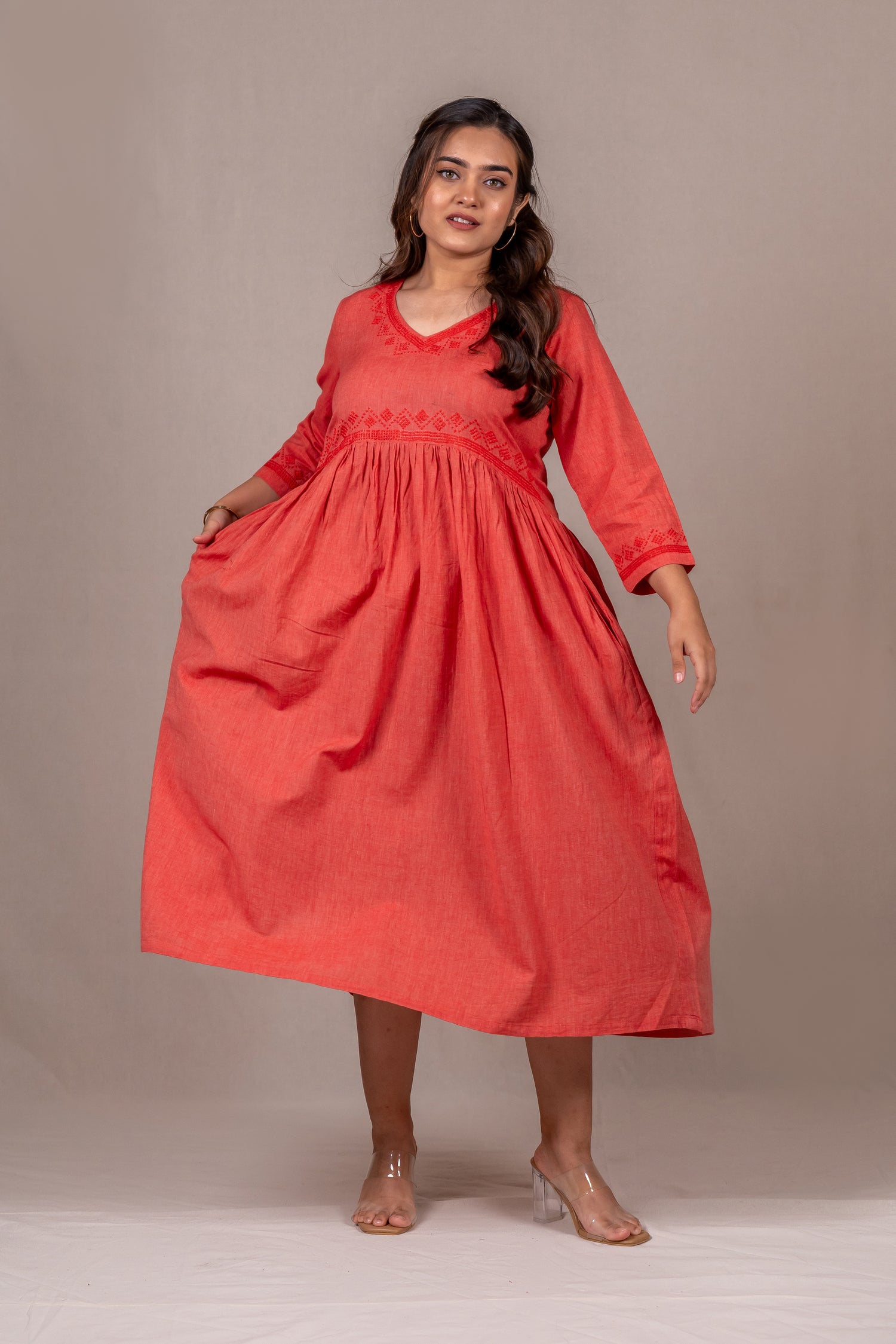 Cotton Long Dress in Pastel Carrot Red – Sutra