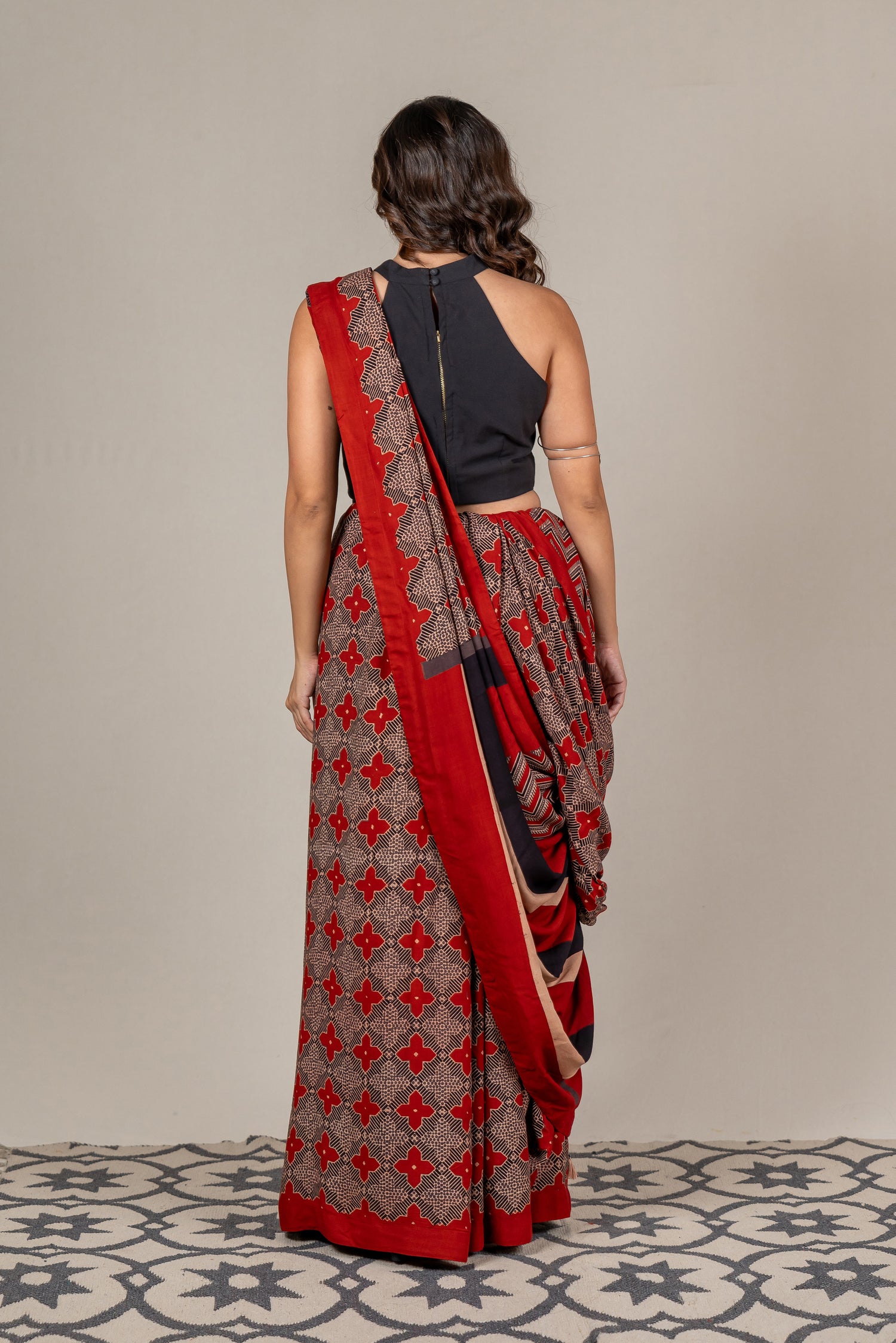 Cotton Silk Ajrakh Hand Block Printed Saree in Red – Sama