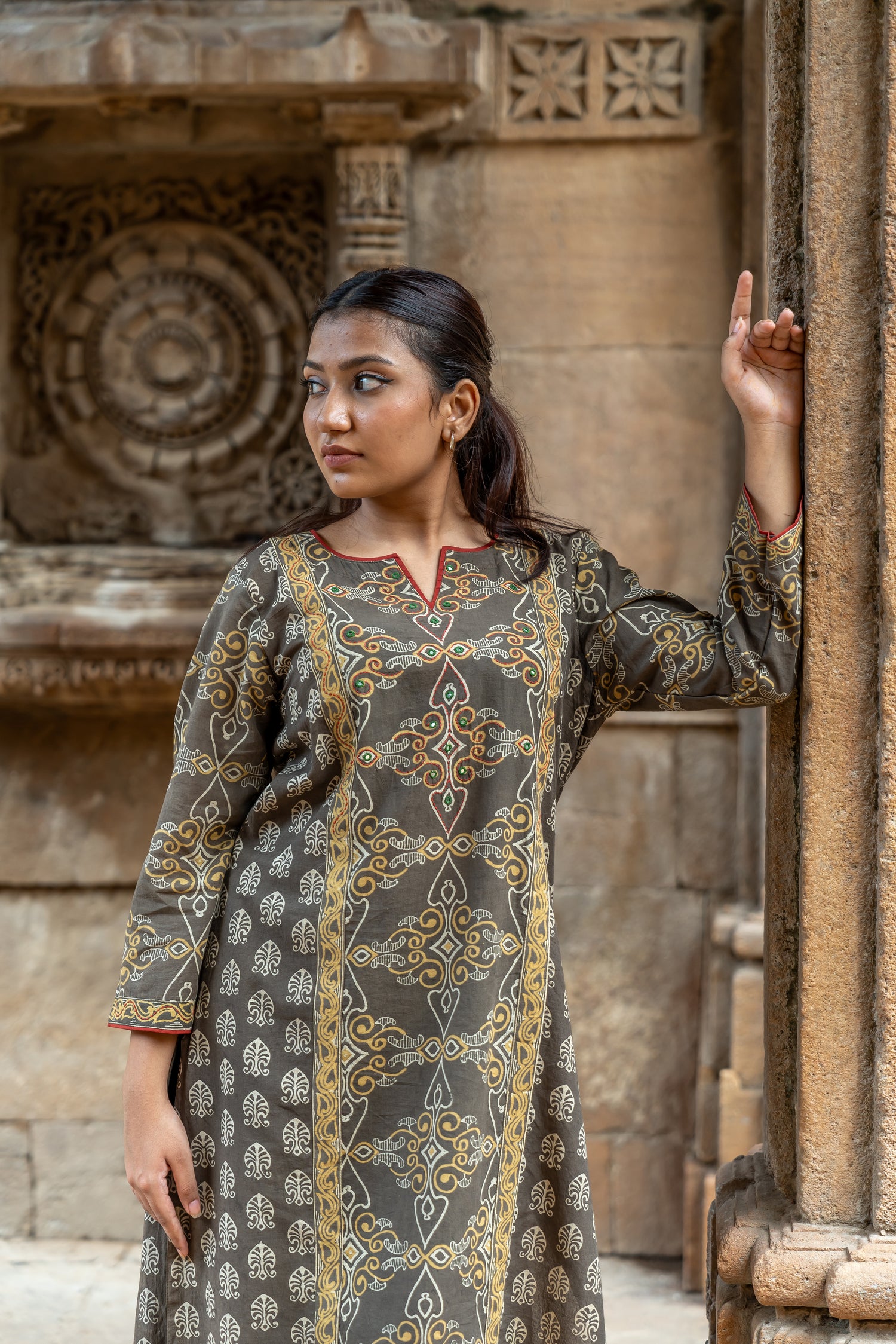 Ray Ethnic Mull Cotton Block Print Kurta in Brown from Ekatra