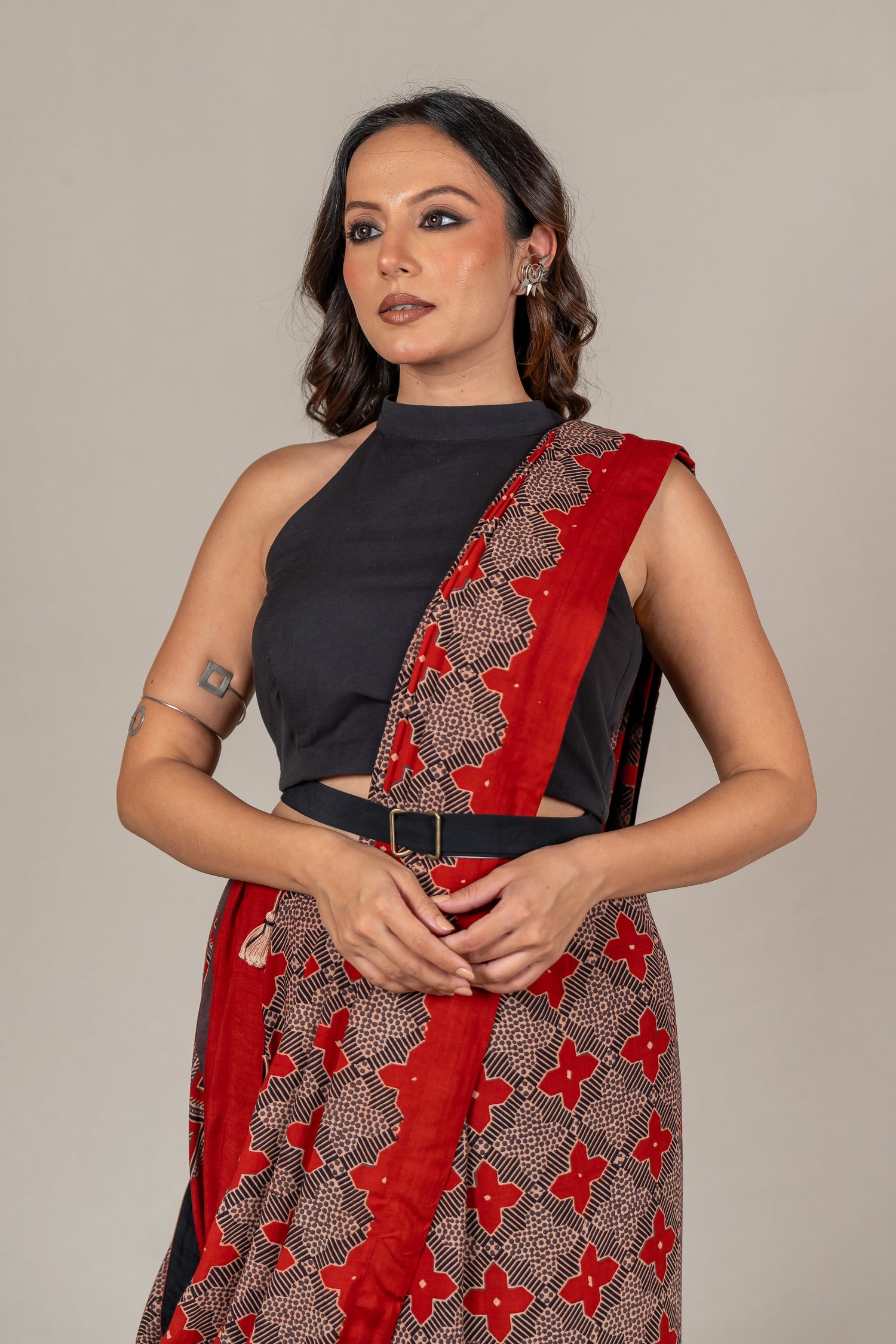 Cotton Silk Ajrakh Hand Block Printed Saree in Red – Sama