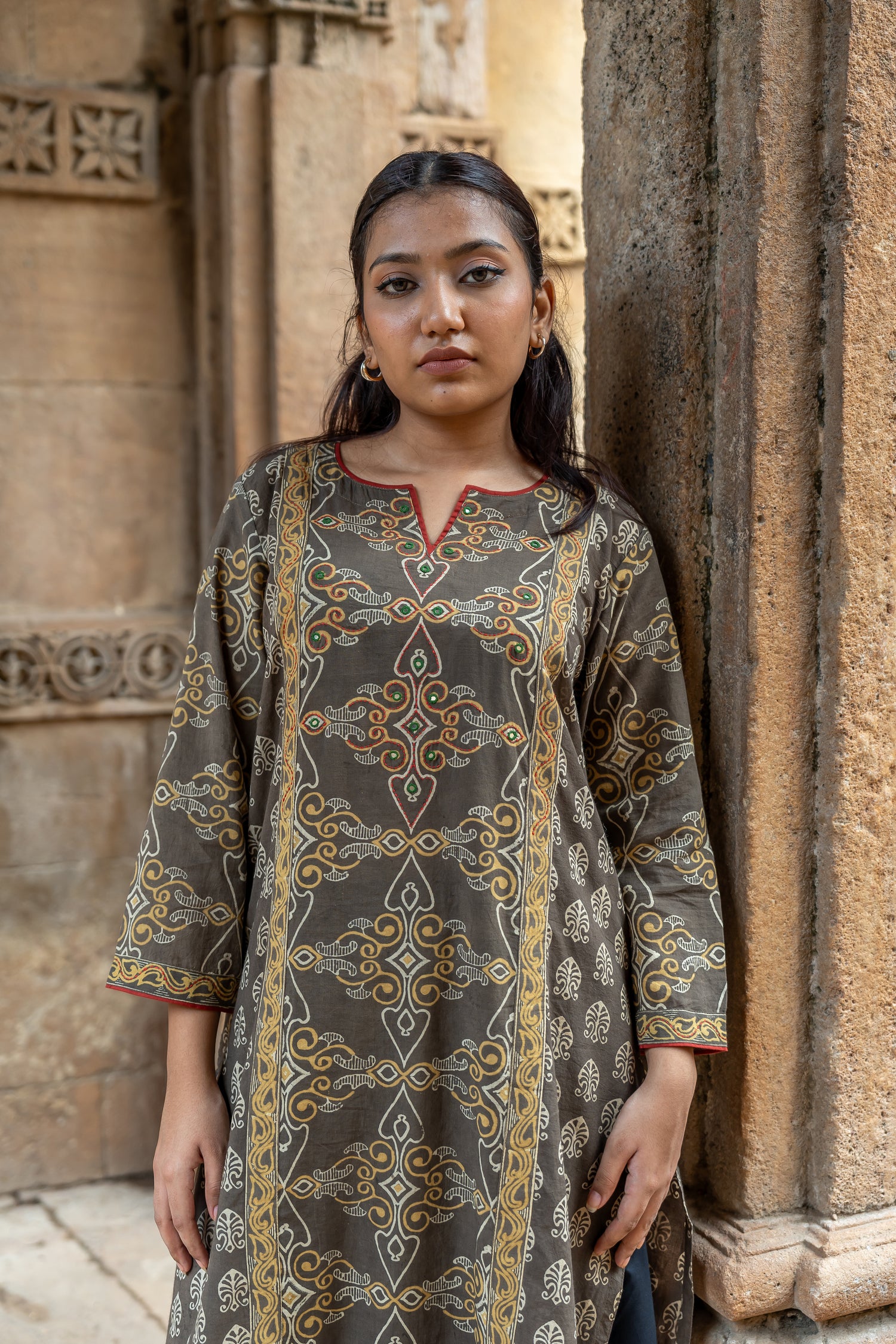 Ray Ethnic Mull Cotton Block Print Kurta in Brown from Ekatra