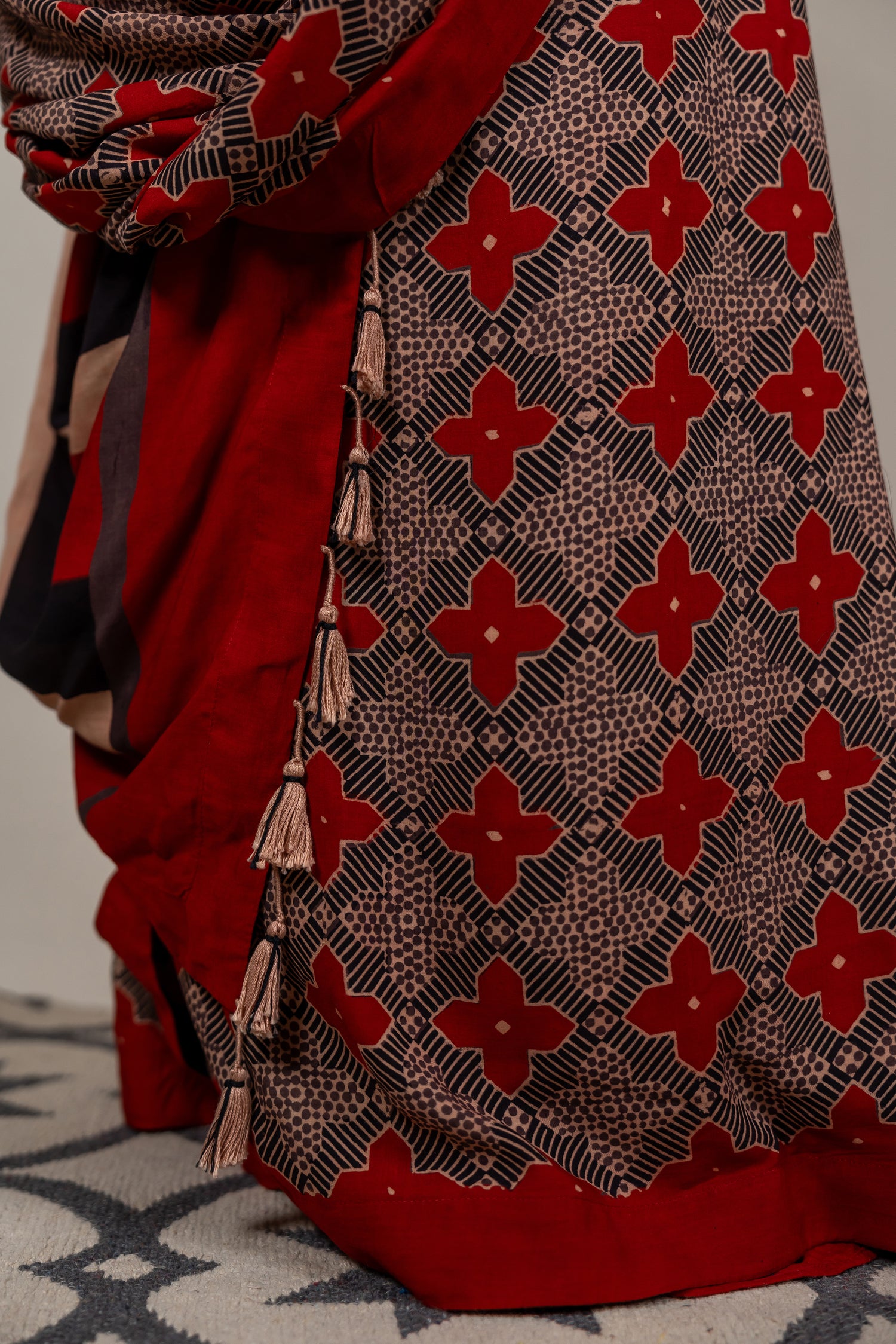Cotton Silk Ajrakh Hand Block Printed Saree in Red – Sama