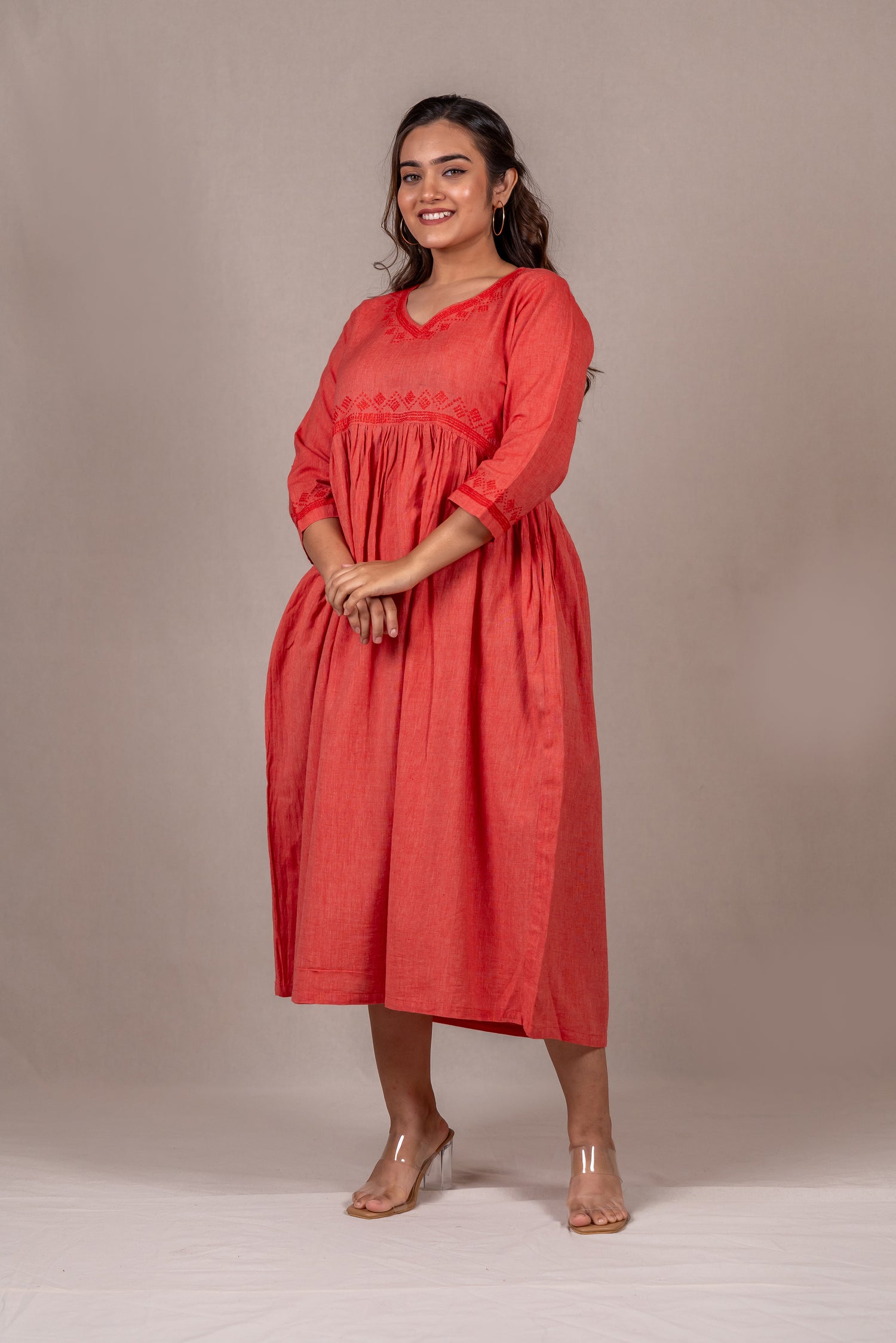 Cotton Long Dress in Pastel Carrot Red – Sutra