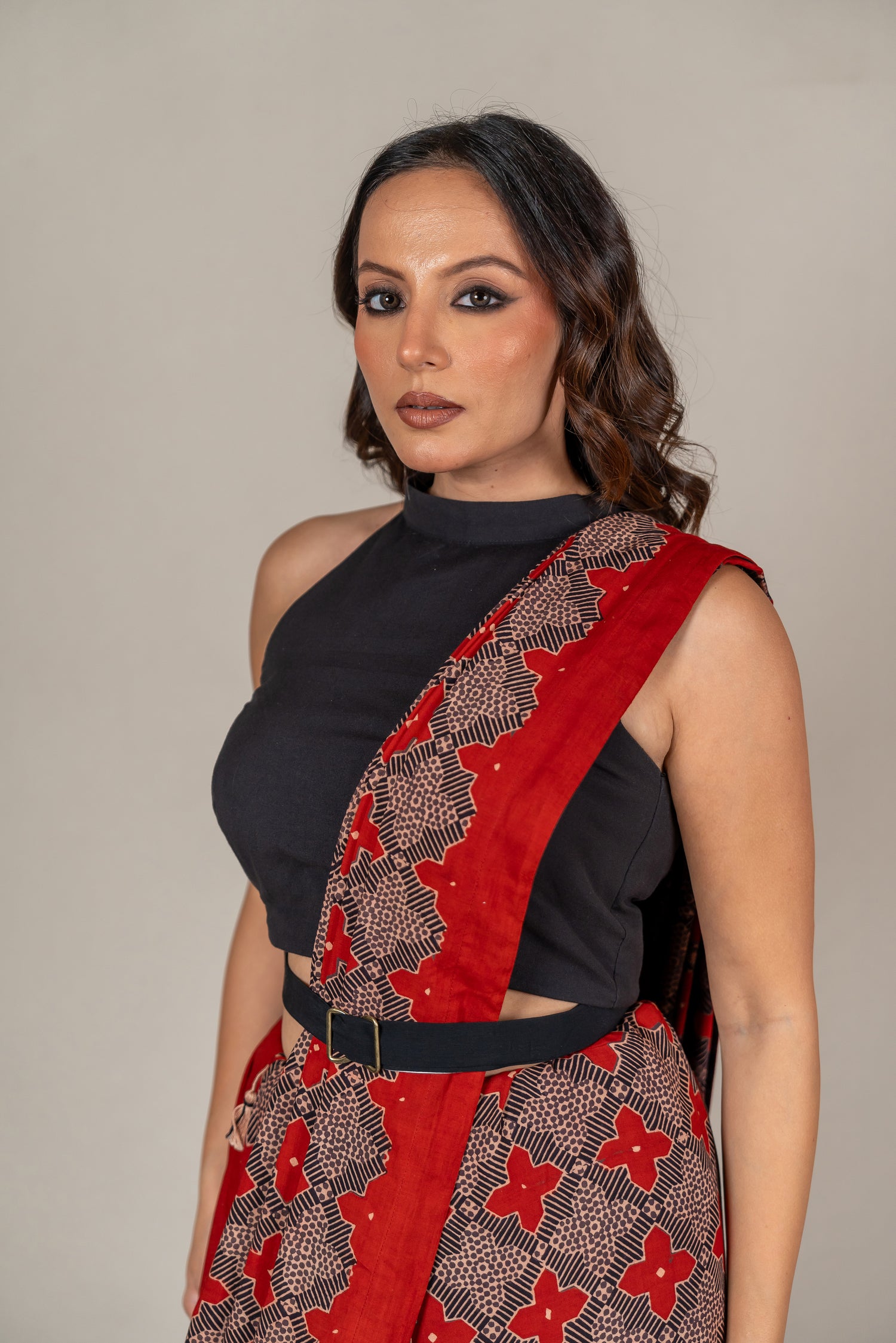 Cotton Silk Ajrakh Hand Block Printed Saree in Red – Sama