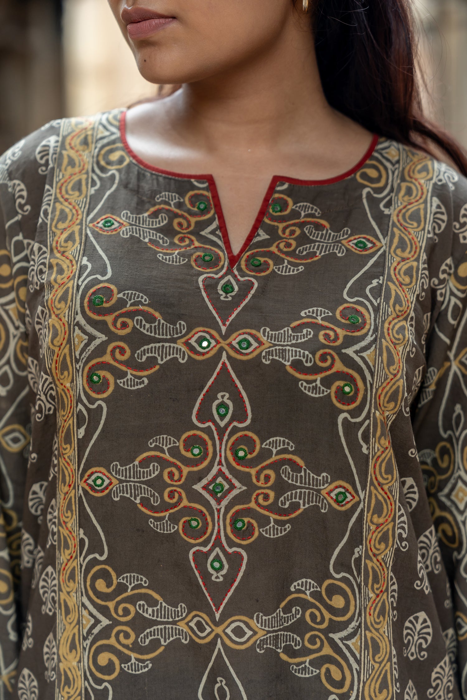 Ray Ethnic Mull Cotton Block Print Kurta in Brown from Ekatra