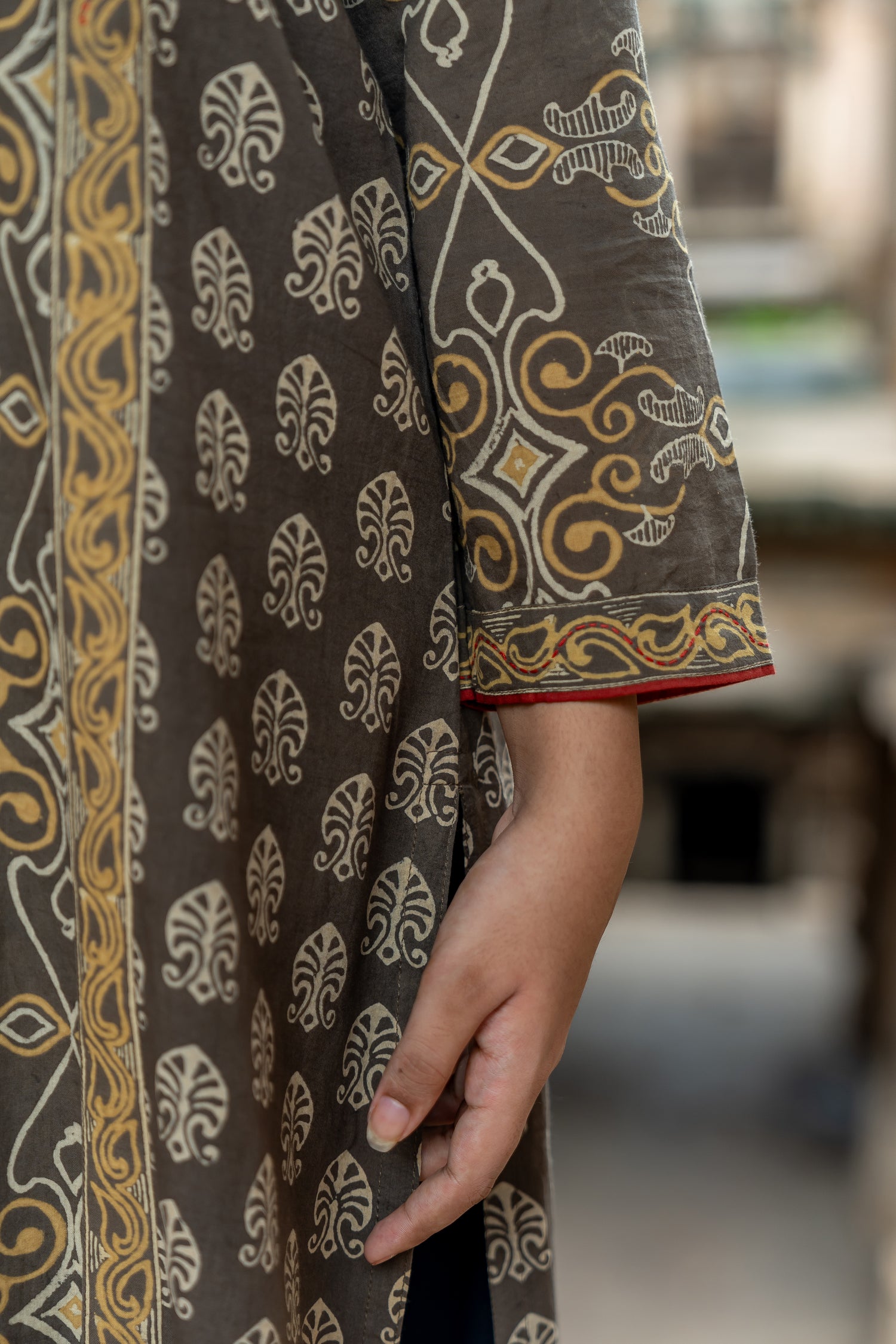 Ray Ethnic Mull Cotton Block Print Kurta in Brown from Ekatra