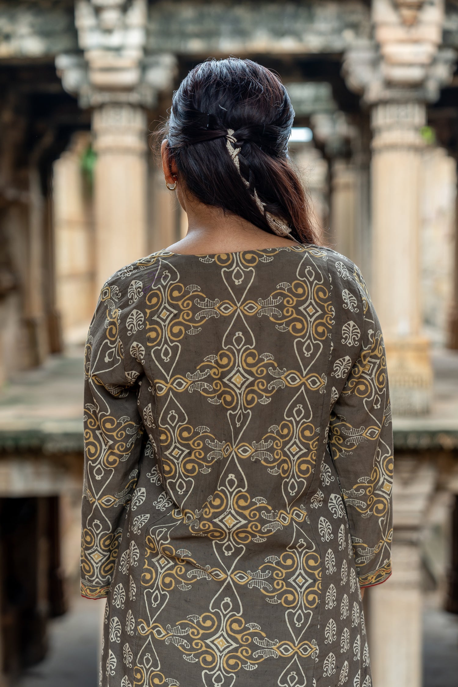 Ray Ethnic Mull Cotton Block Print Kurta in Brown from Ekatra