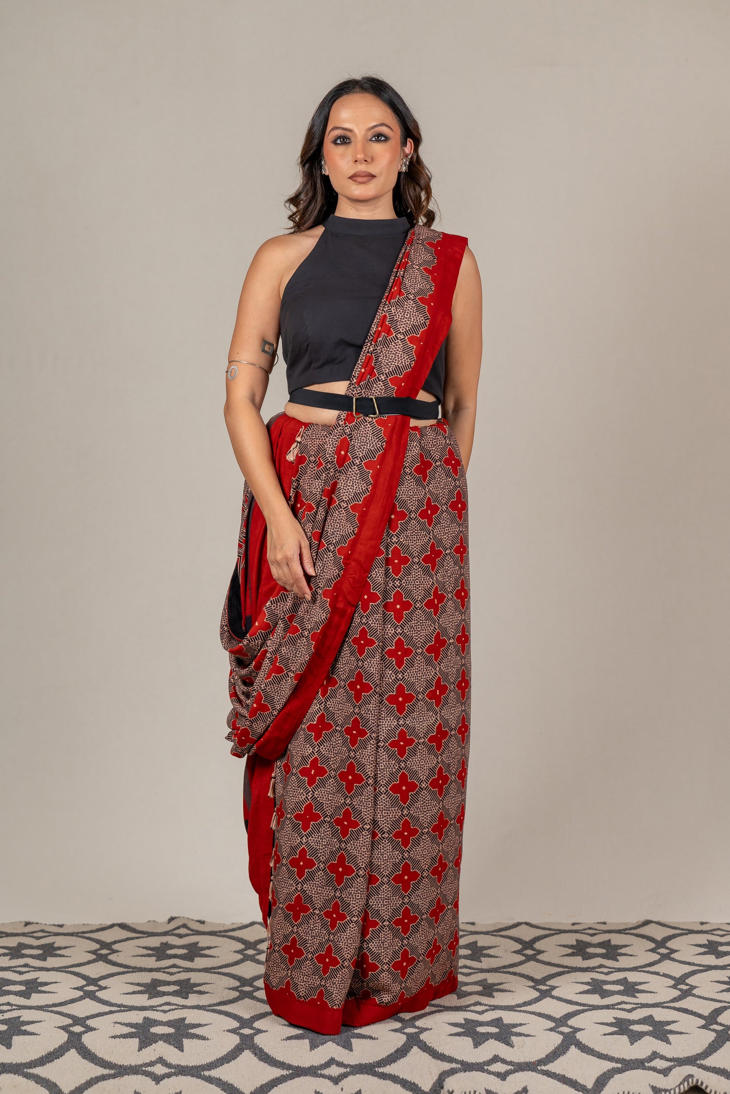 Cotton Silk Ajrakh Hand Block Printed Saree in Red – Sama