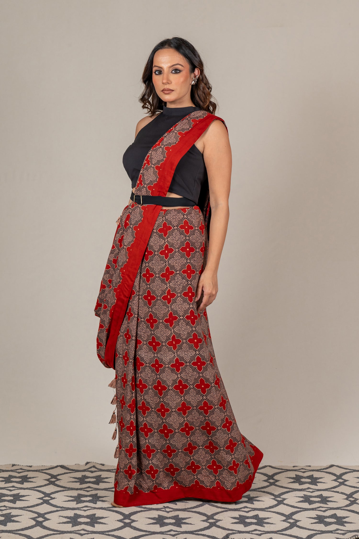 Cotton Silk Ajrakh Hand Block Printed Saree in Red – Sama