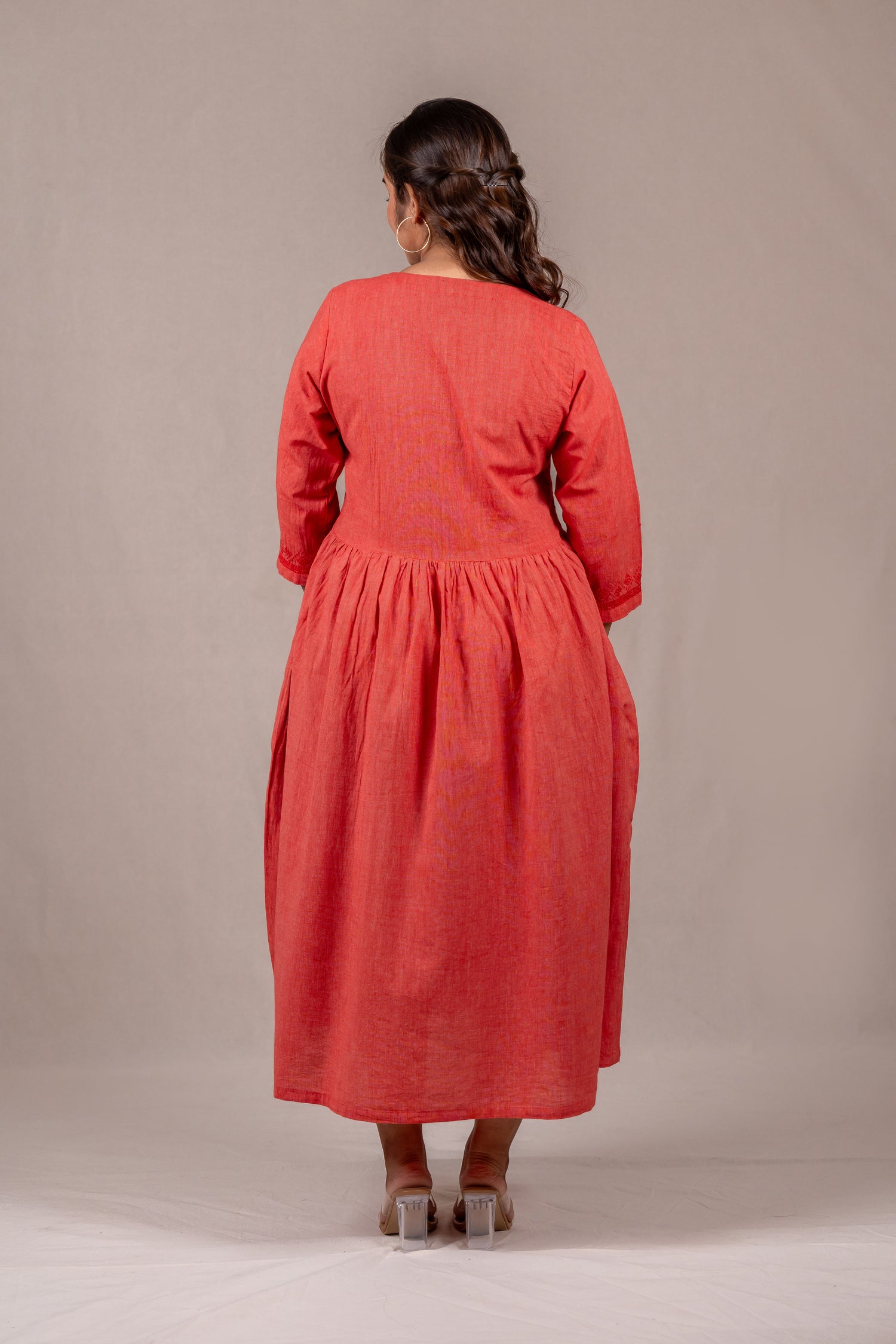 Cotton Long Dress in Pastel Carrot Red – Sutra