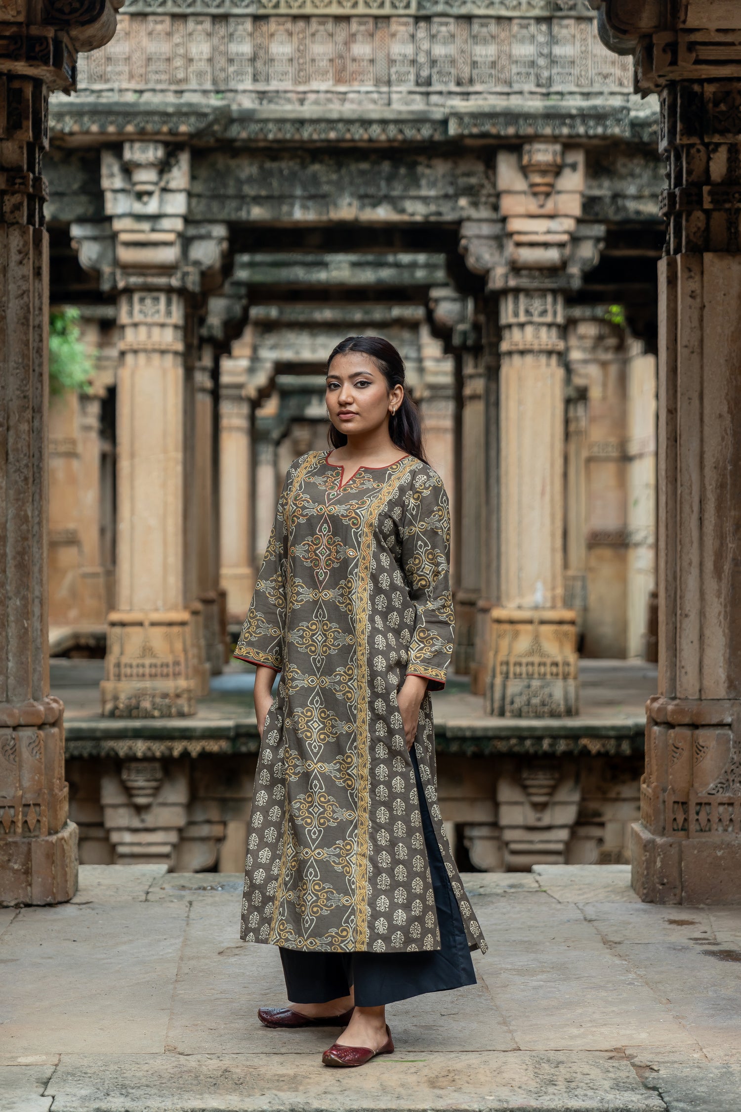 Ray Ethnic Mull Cotton Block Print Kurta in Brown from Ekatra