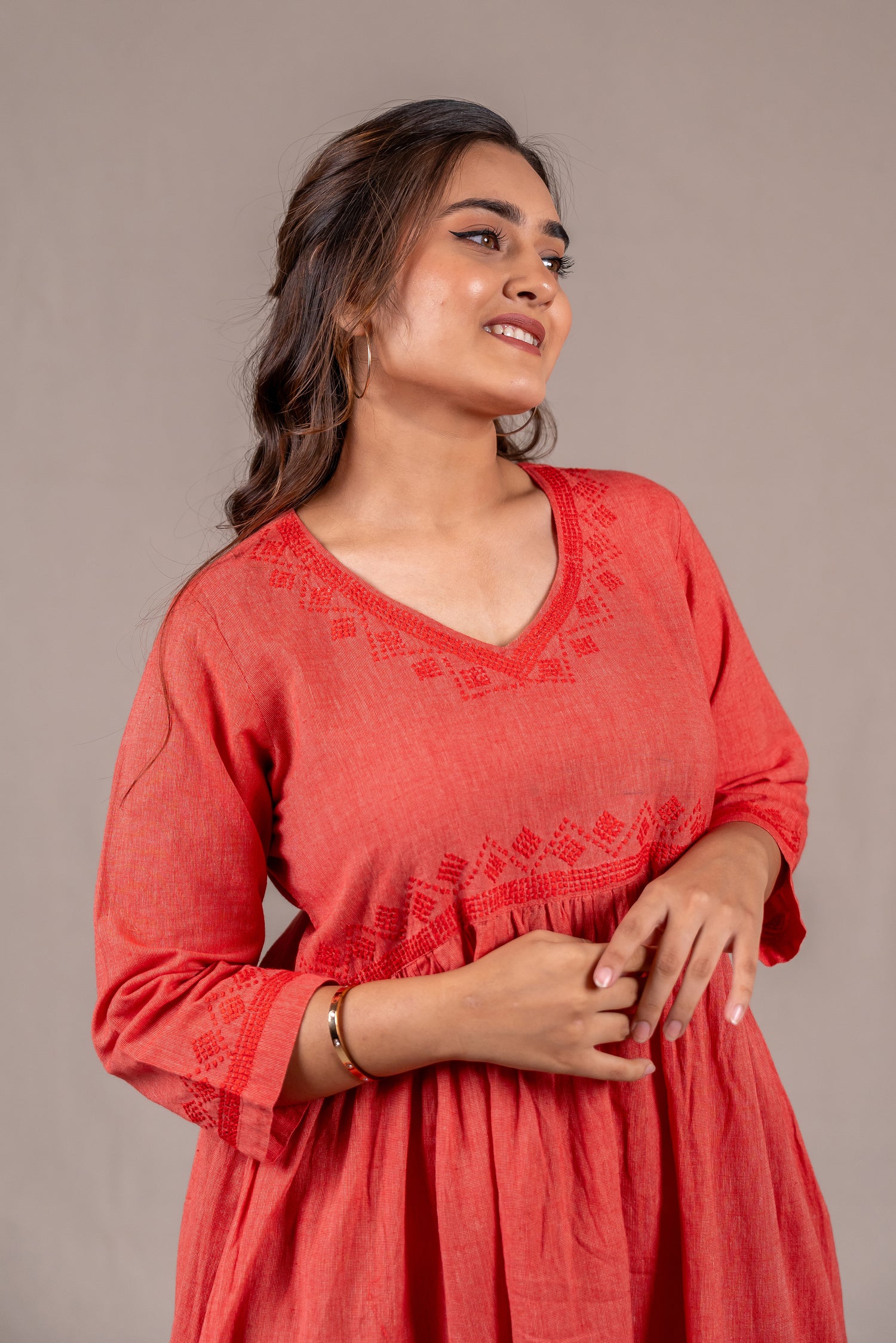 Cotton Long Dress in Pastel Carrot Red – Sutra