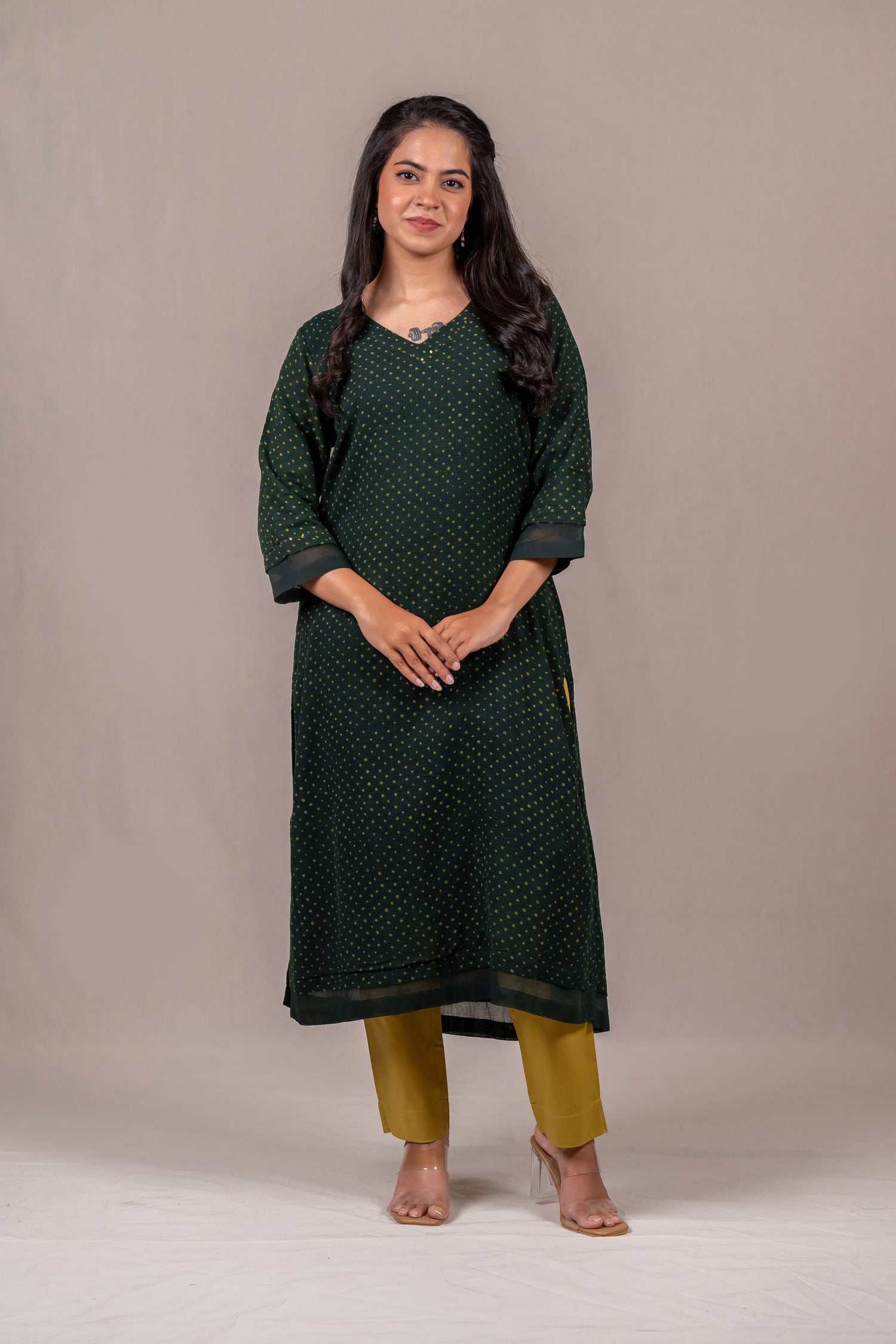 Dark Green Dabu Mul-Mul Kota Kurta – Sutra