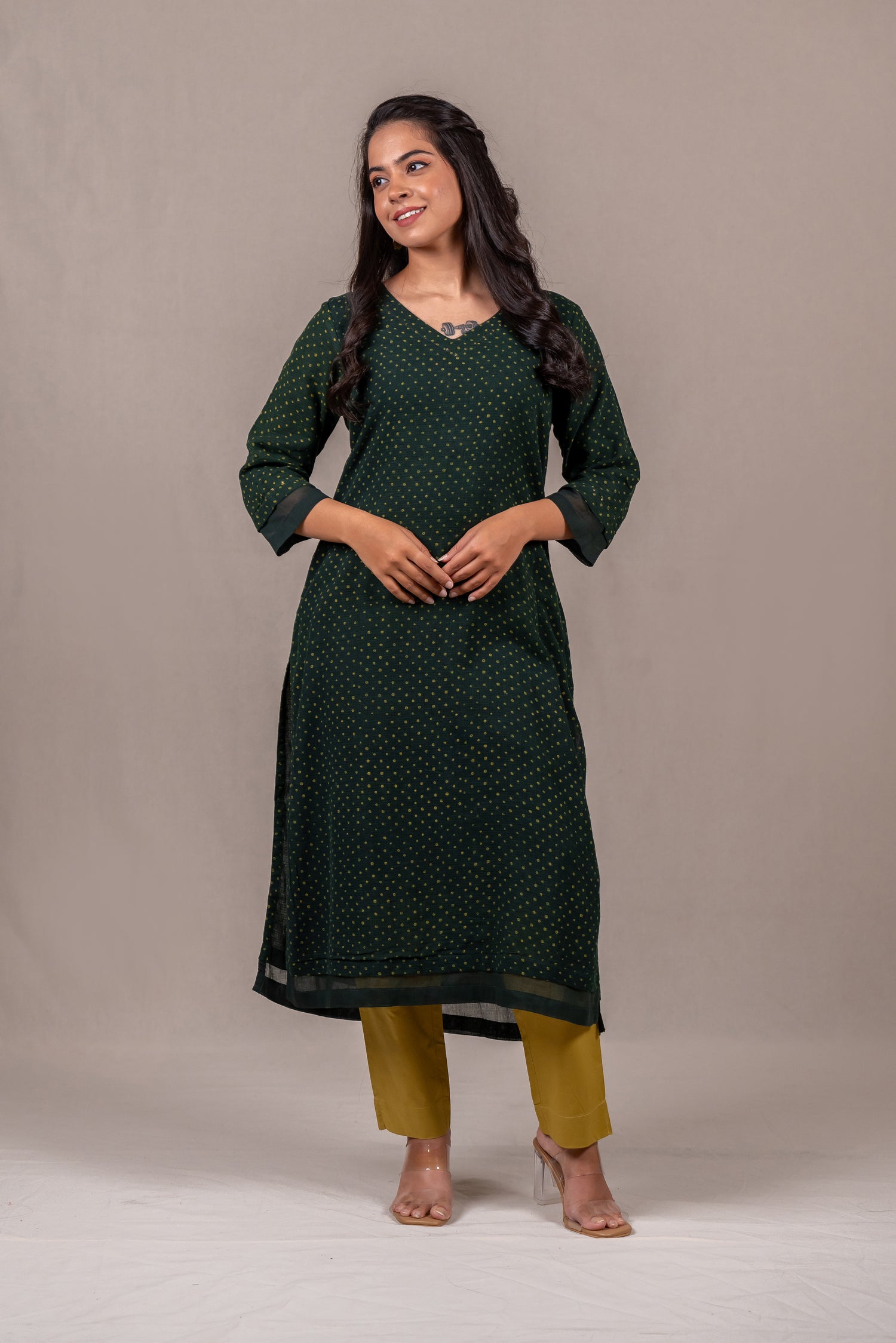 Dark Green Dabu Mul-Mul Kota Kurta – Sutra