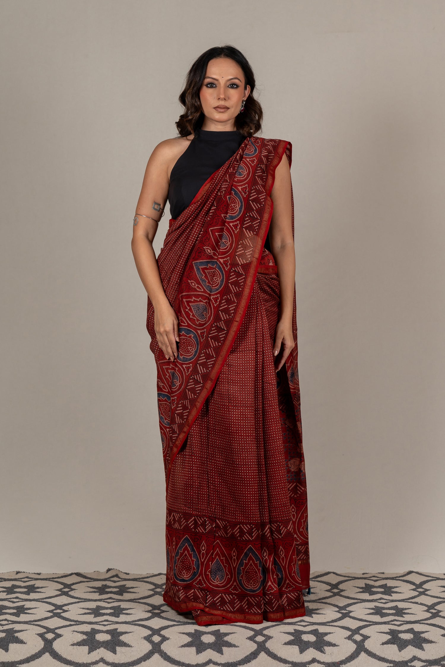 Chanderi Ajrakh Hand Block Printed Saree in Red – Sama