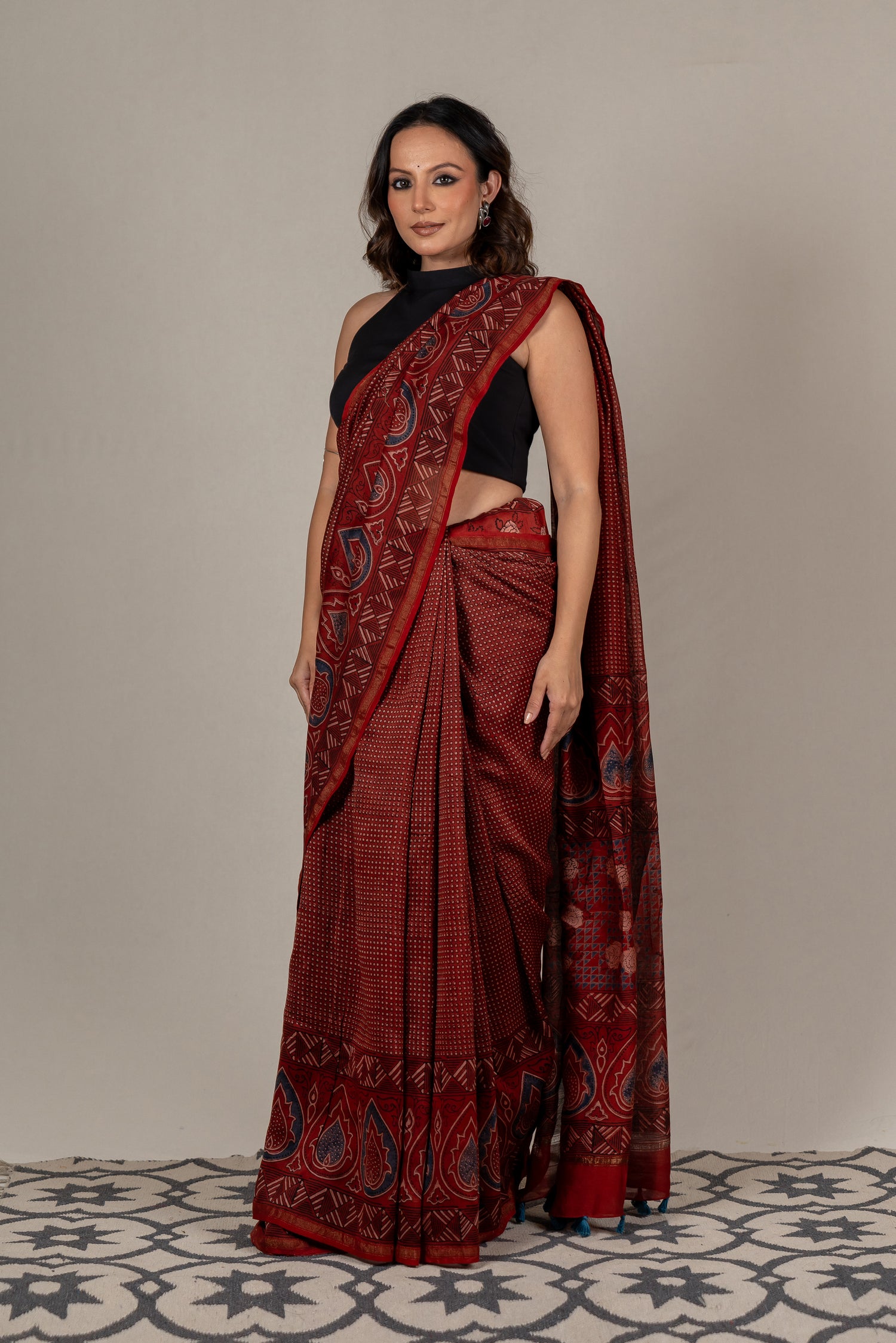 Chanderi Ajrakh Hand Block Printed Saree in Red – Sama