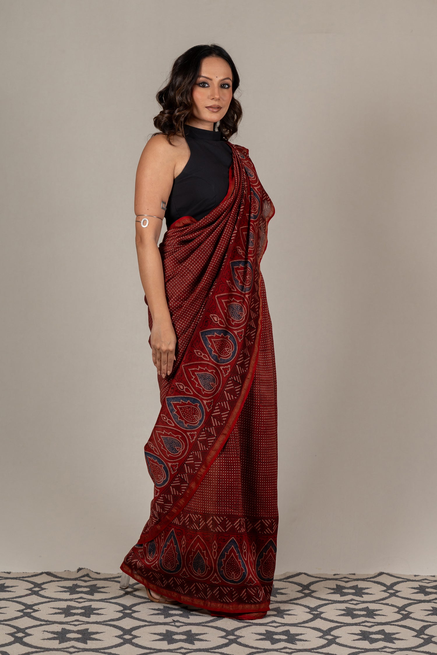 Chanderi Ajrakh Hand Block Printed Saree in Red – Sama