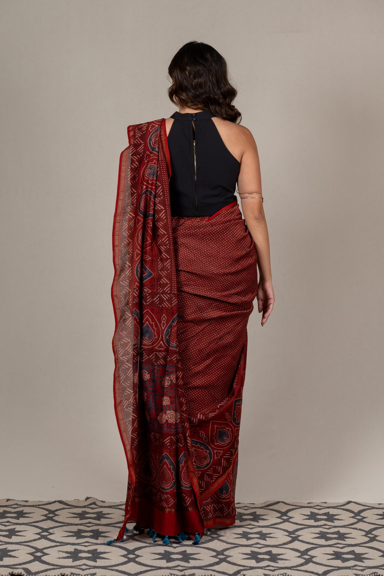 Chanderi Ajrakh Hand Block Printed Saree in Red – Sama