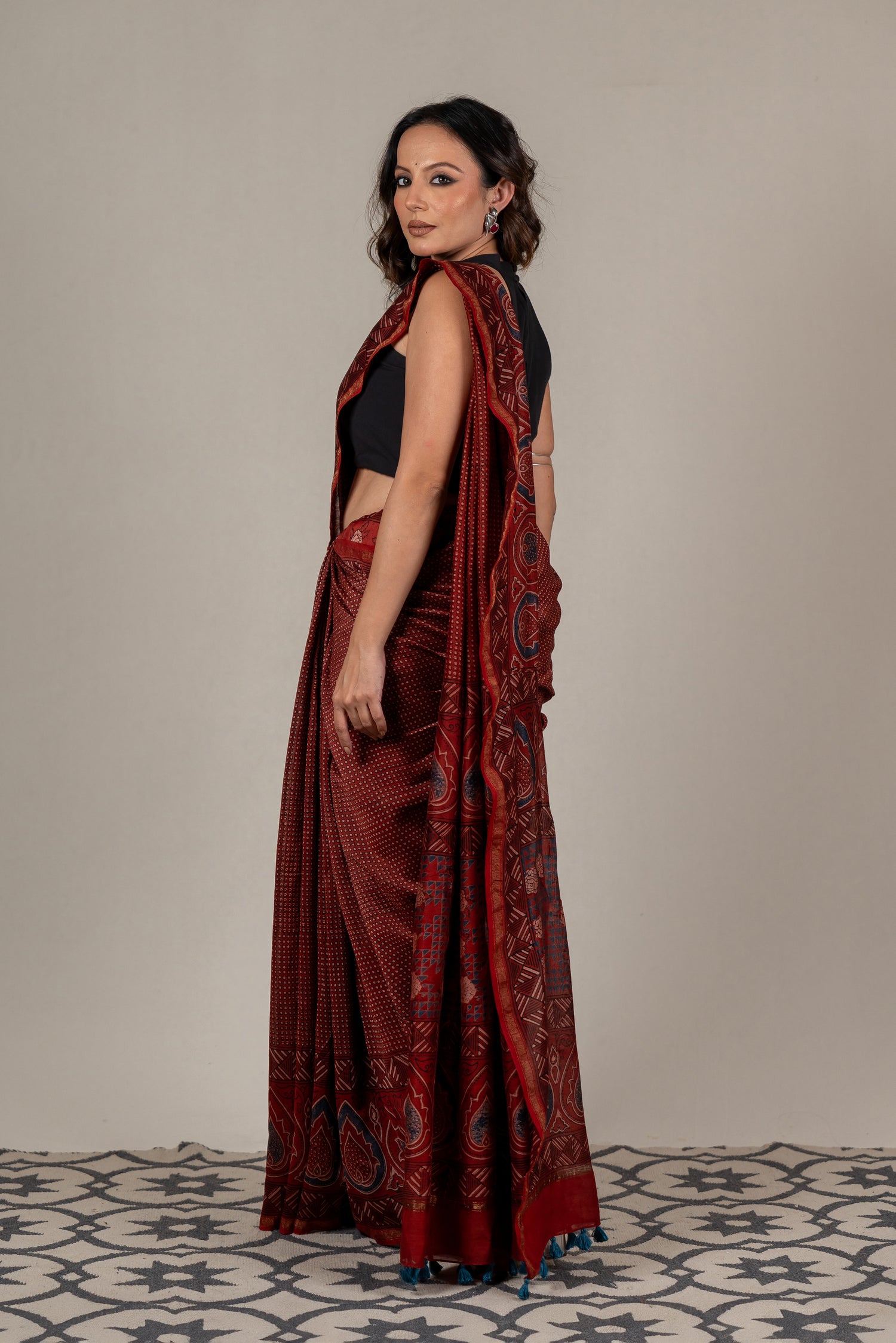 Chanderi Ajrakh Hand Block Printed Saree in Red – Sama