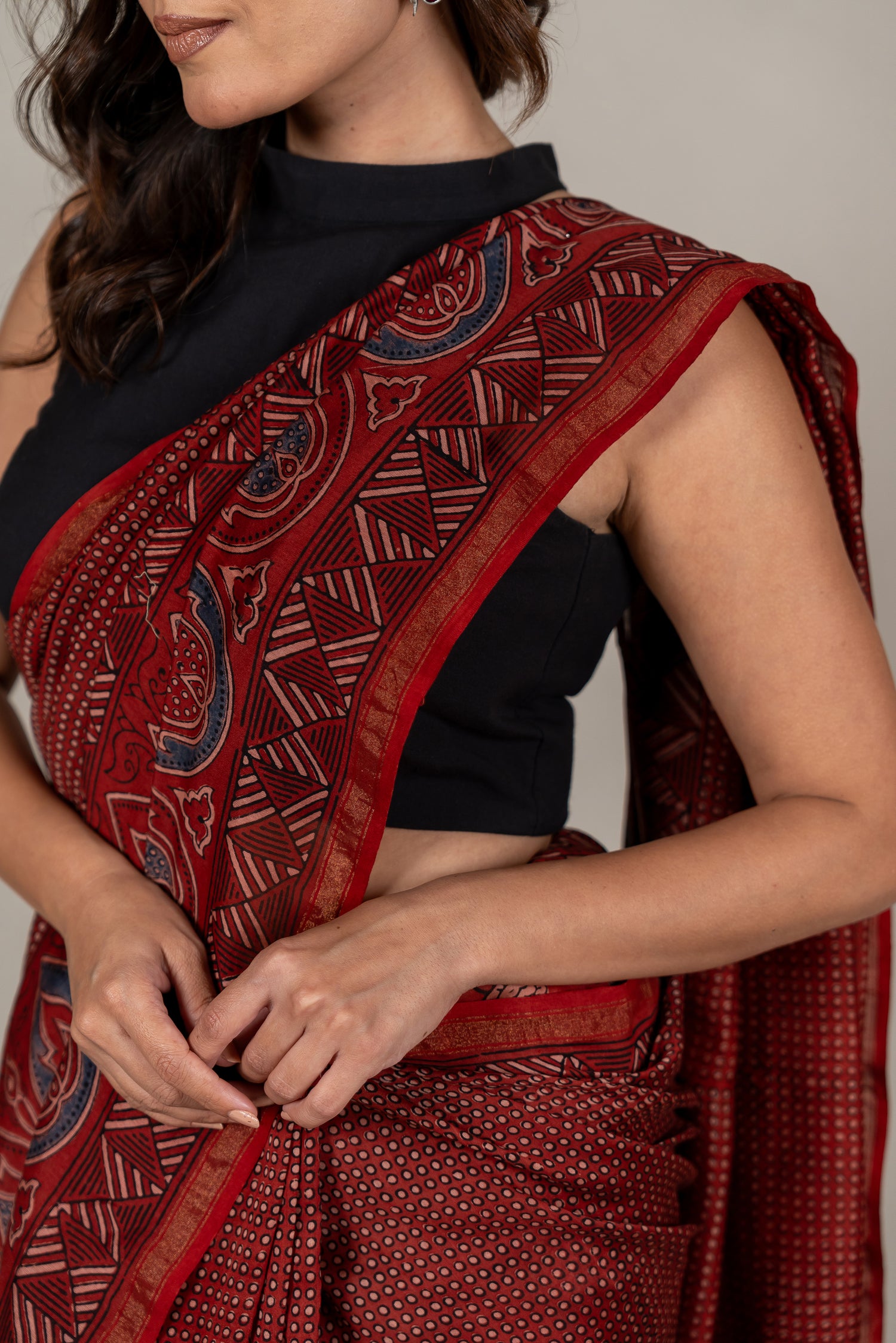 Chanderi Ajrakh Hand Block Printed Saree in Red – Sama