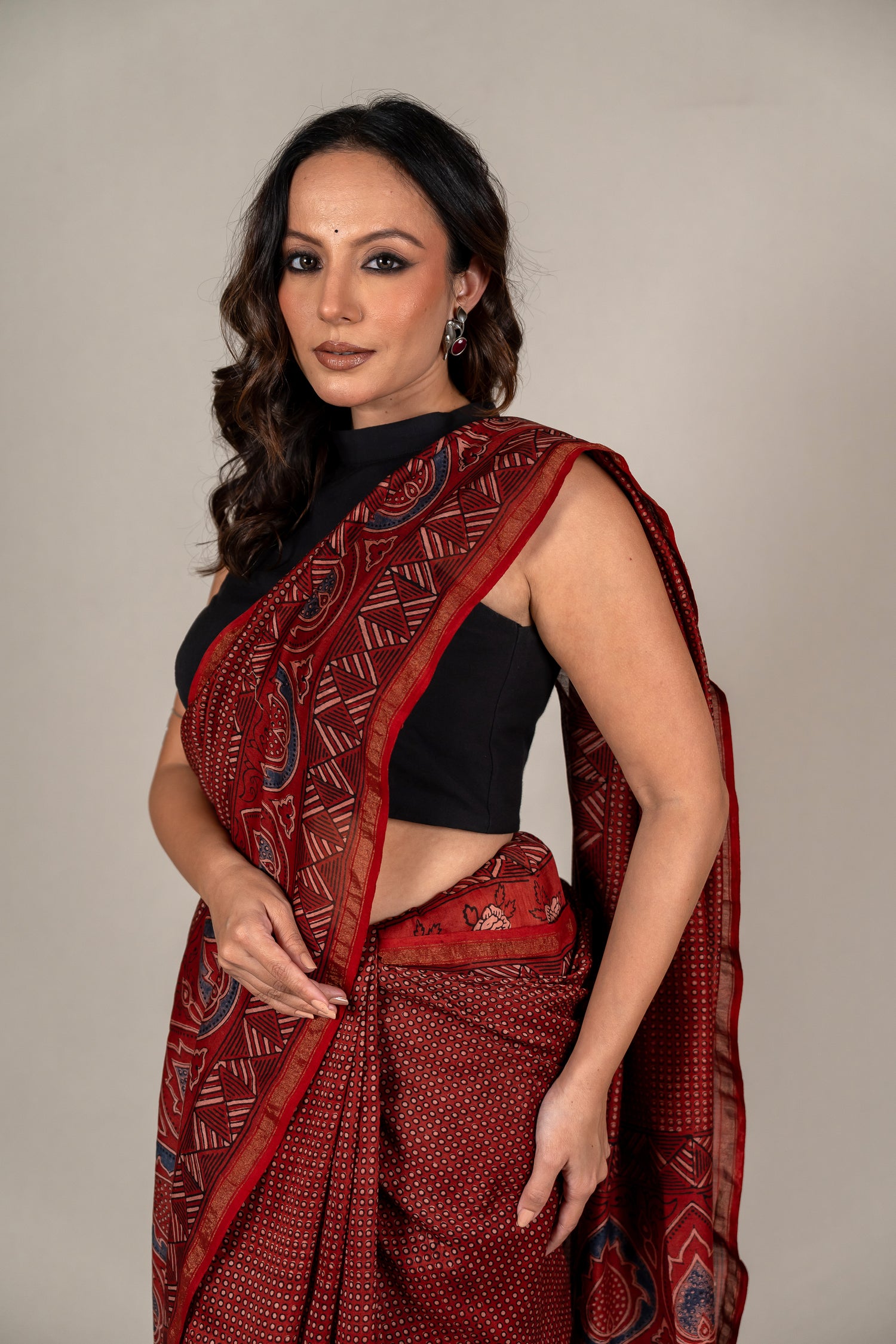 Chanderi Ajrakh Hand Block Printed Saree in Red – Sama