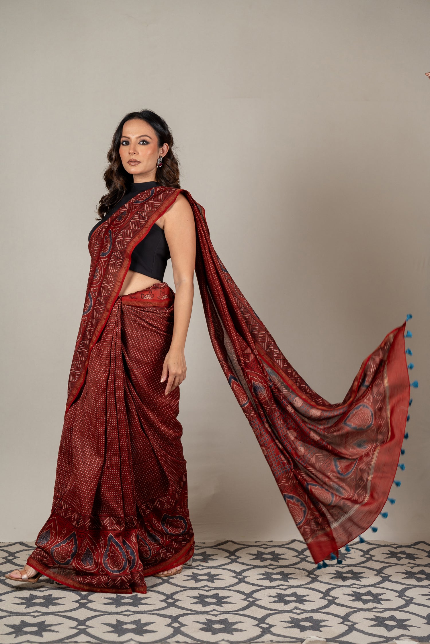 Chanderi Ajrakh Hand Block Printed Saree in Red – Sama
