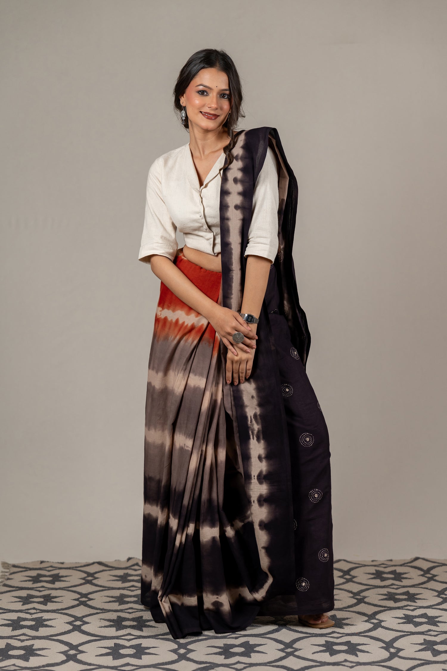 Hand-Tied Shibori Saree in Brown and Rustic Red – Sama