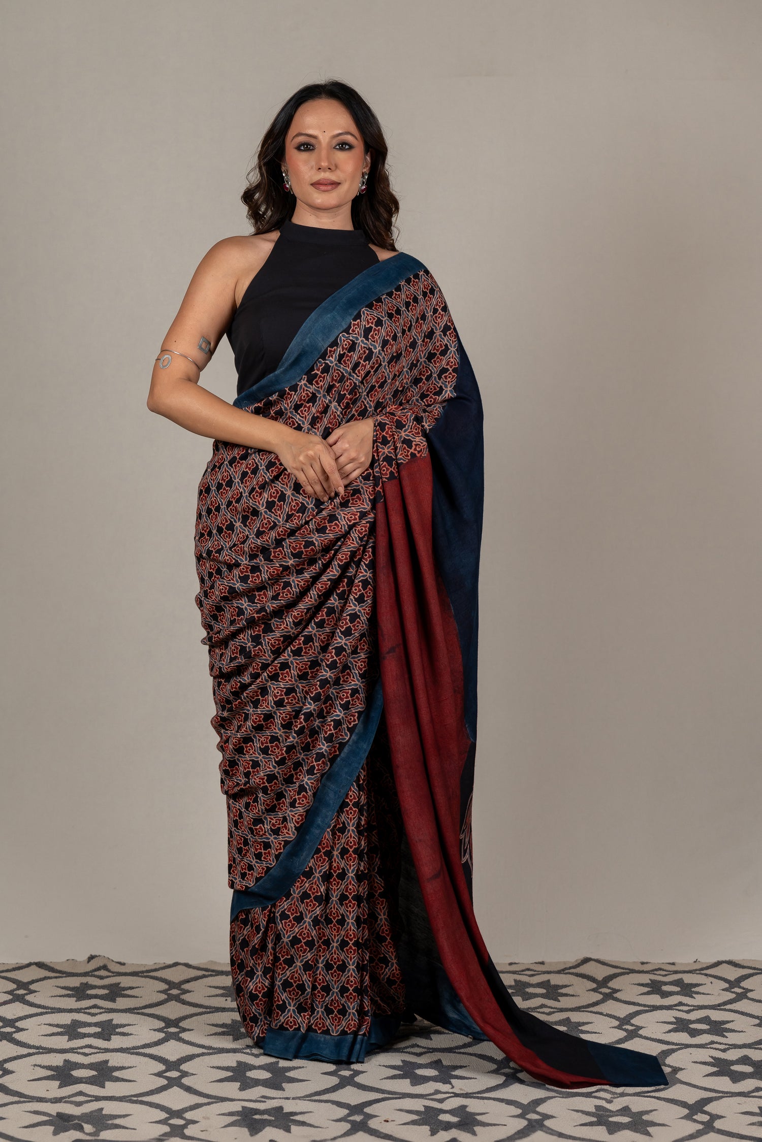 Cotton Silk Ajrakh Hand Block Printed Saree in Black – Sama