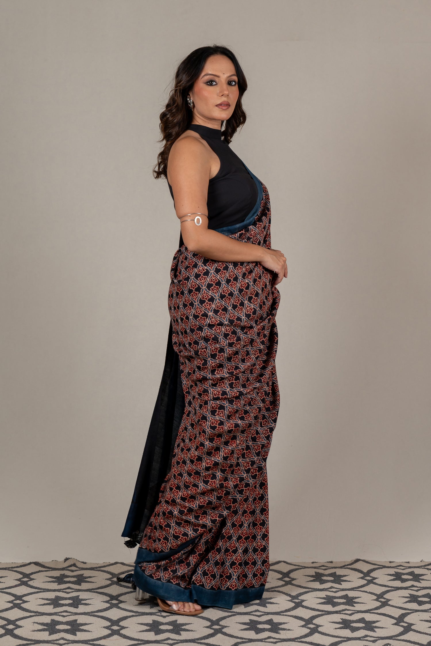 Cotton Silk Ajrakh Hand Block Printed Saree in Black – Sama