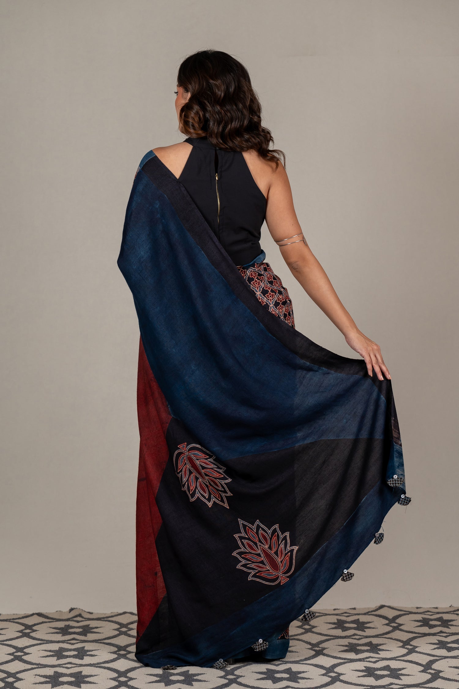 Cotton Silk Ajrakh Hand Block Printed Saree in Black – Sama