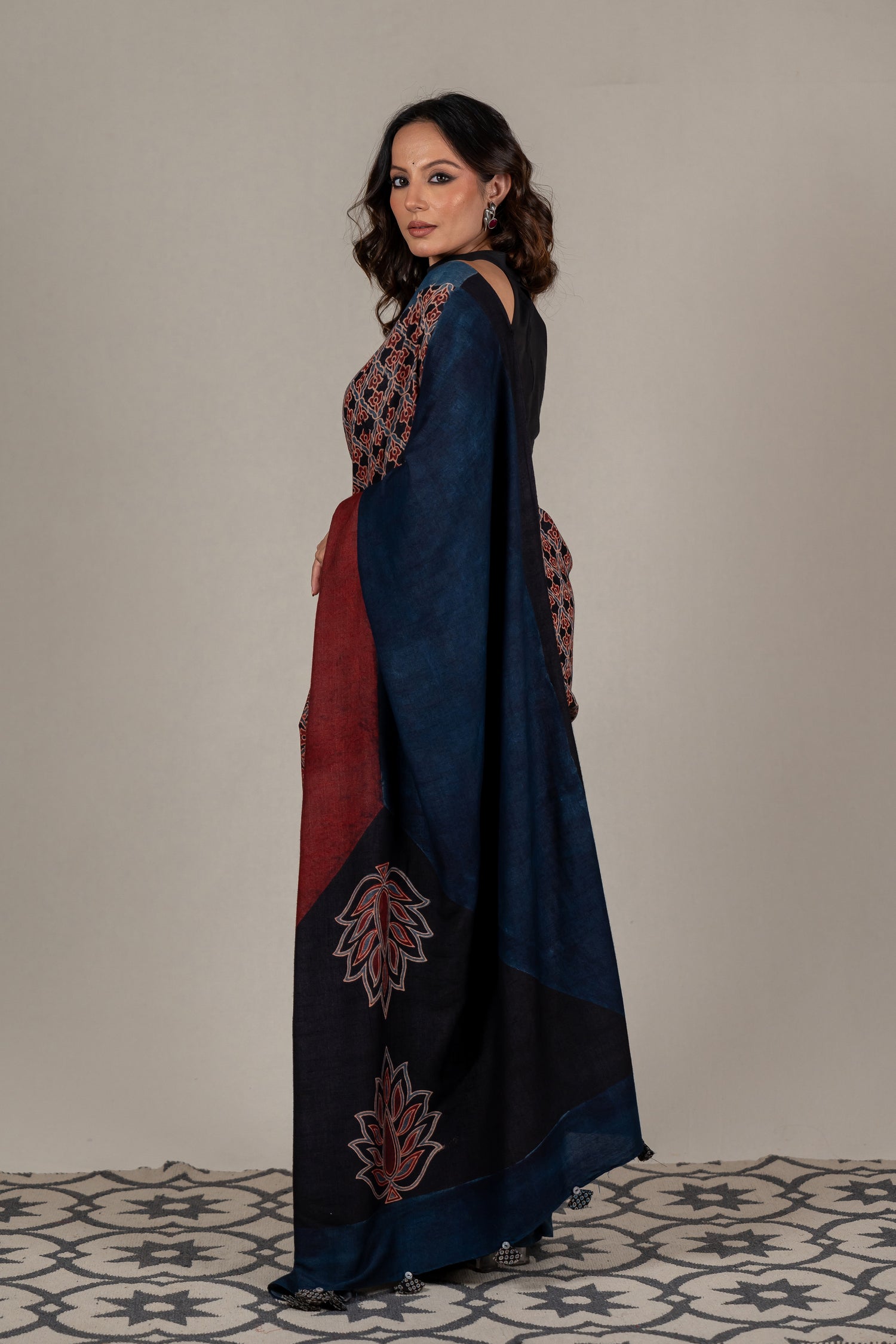 Cotton Silk Ajrakh Hand Block Printed Saree in Black – Sama