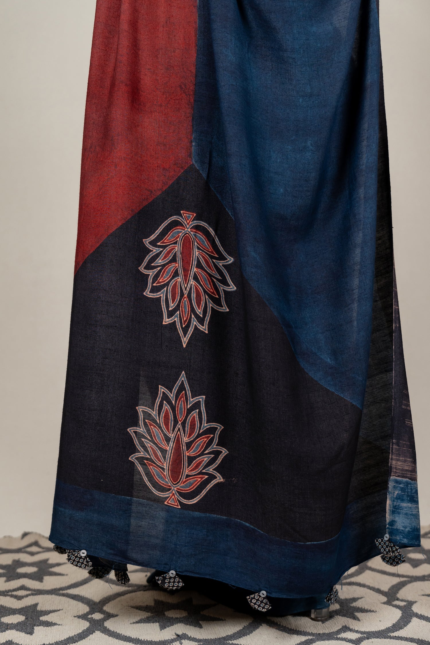 Cotton Silk Ajrakh Hand Block Printed Saree in Black – Sama