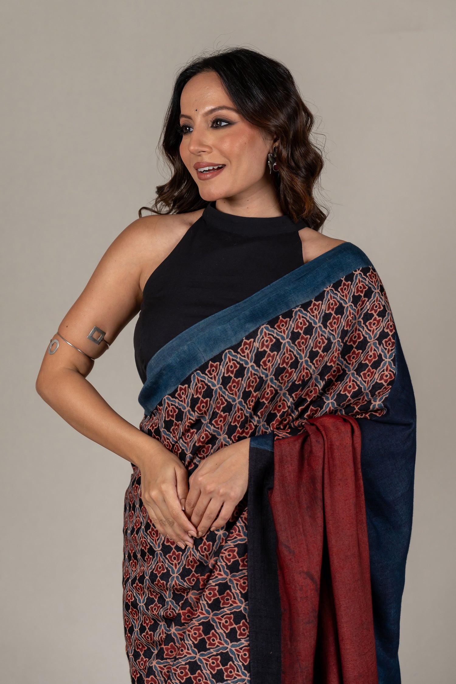 Cotton Silk Ajrakh Hand Block Printed Saree in Black – Sama