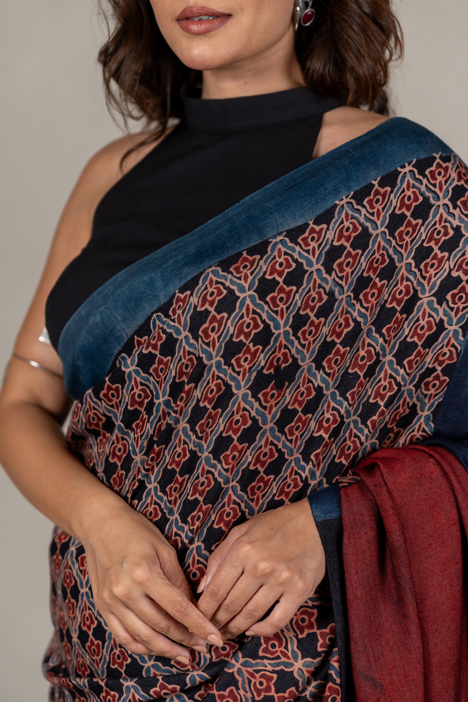 Cotton Silk Ajrakh Hand Block Printed Saree in Black – Sama