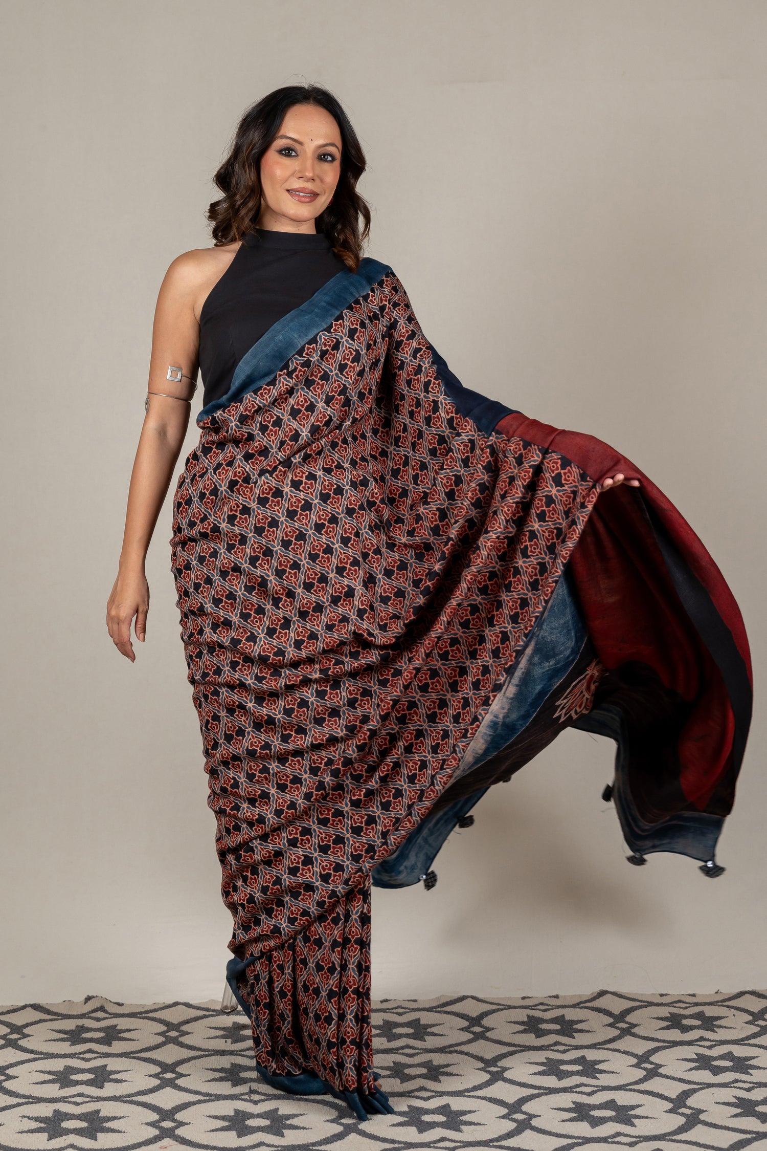 Cotton Silk Ajrakh Hand Block Printed Saree in Black – Sama