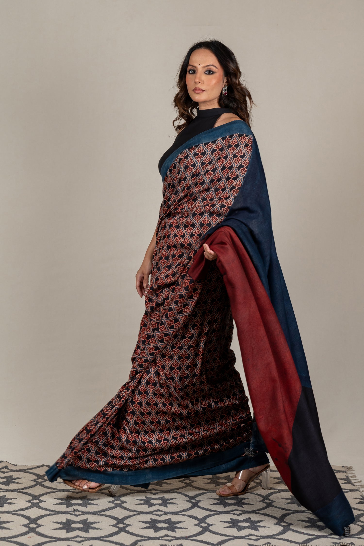 Cotton Silk Ajrakh Hand Block Printed Saree in Black – Sama