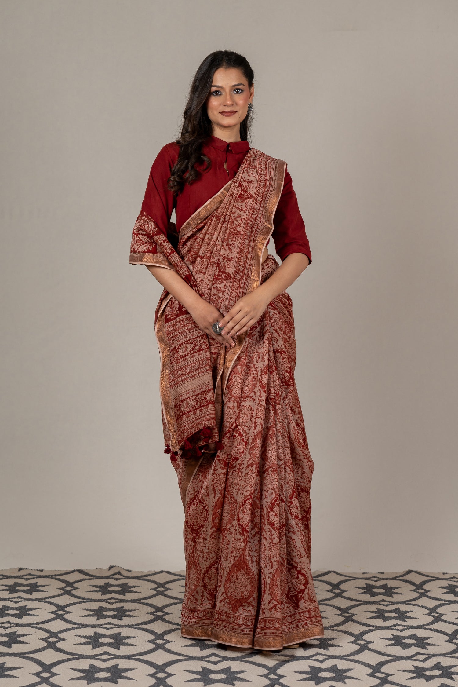 Mul Chanderi Kalamkari Block Printed Saree in Beige Red – Sama